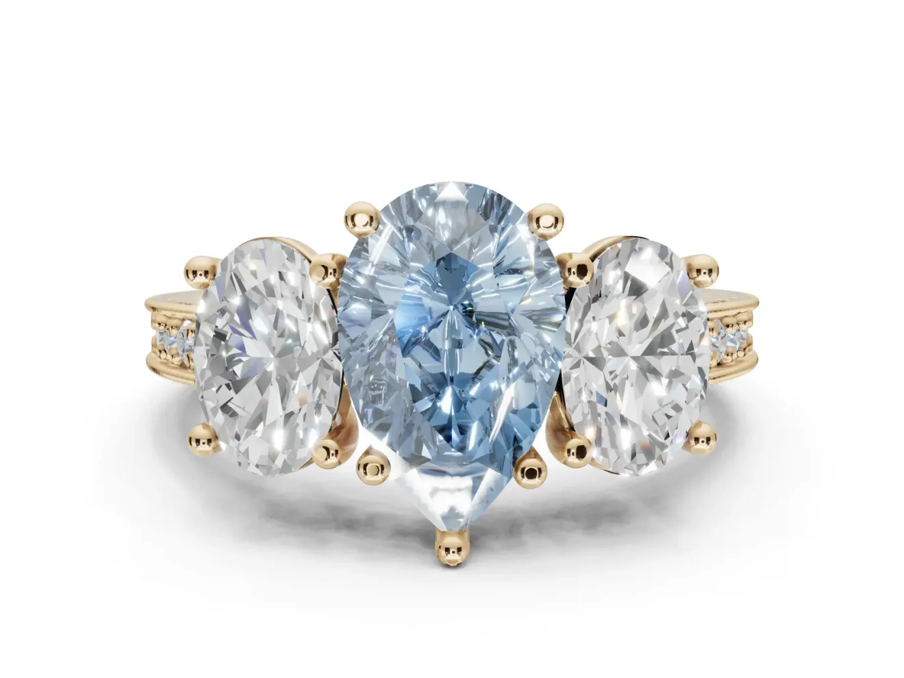 Pear-Shaped Vintage Three Stone Engagement Ring Setting for a Fancy Blue Lab-Grown Diamond | Yellow Gold