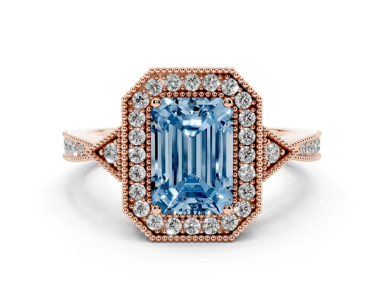 Fancy Blue Emerald Cut Diamond Halo Engagement Ring Set in Rose gold with Milgrain Pavé Band