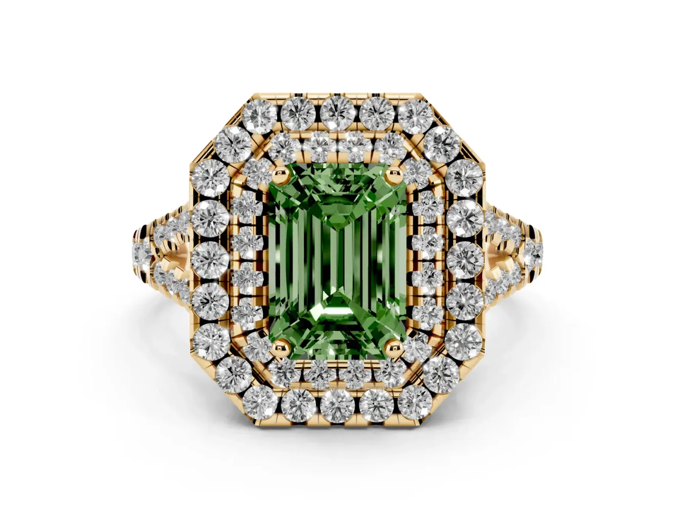 Emerald Cut Halo Split Shank Engagement Ring Setting for a Fancy Green Lab-Grown Diamond | Yellow Gold