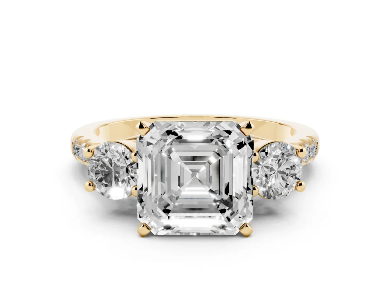 Asscher Cut Three-Stone Pavé Engagement Ring Setting | Round Side Stones | Yellow Gold