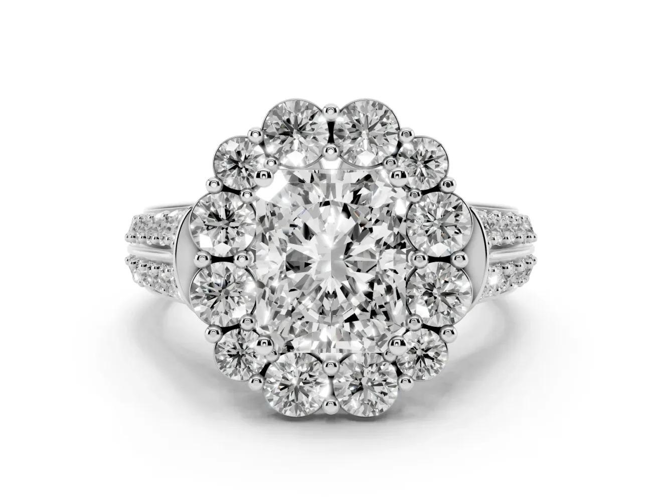 Radiant Cut Diamond Halo Engagement Ring Set in White gold with Split Shank and Prong Setting
