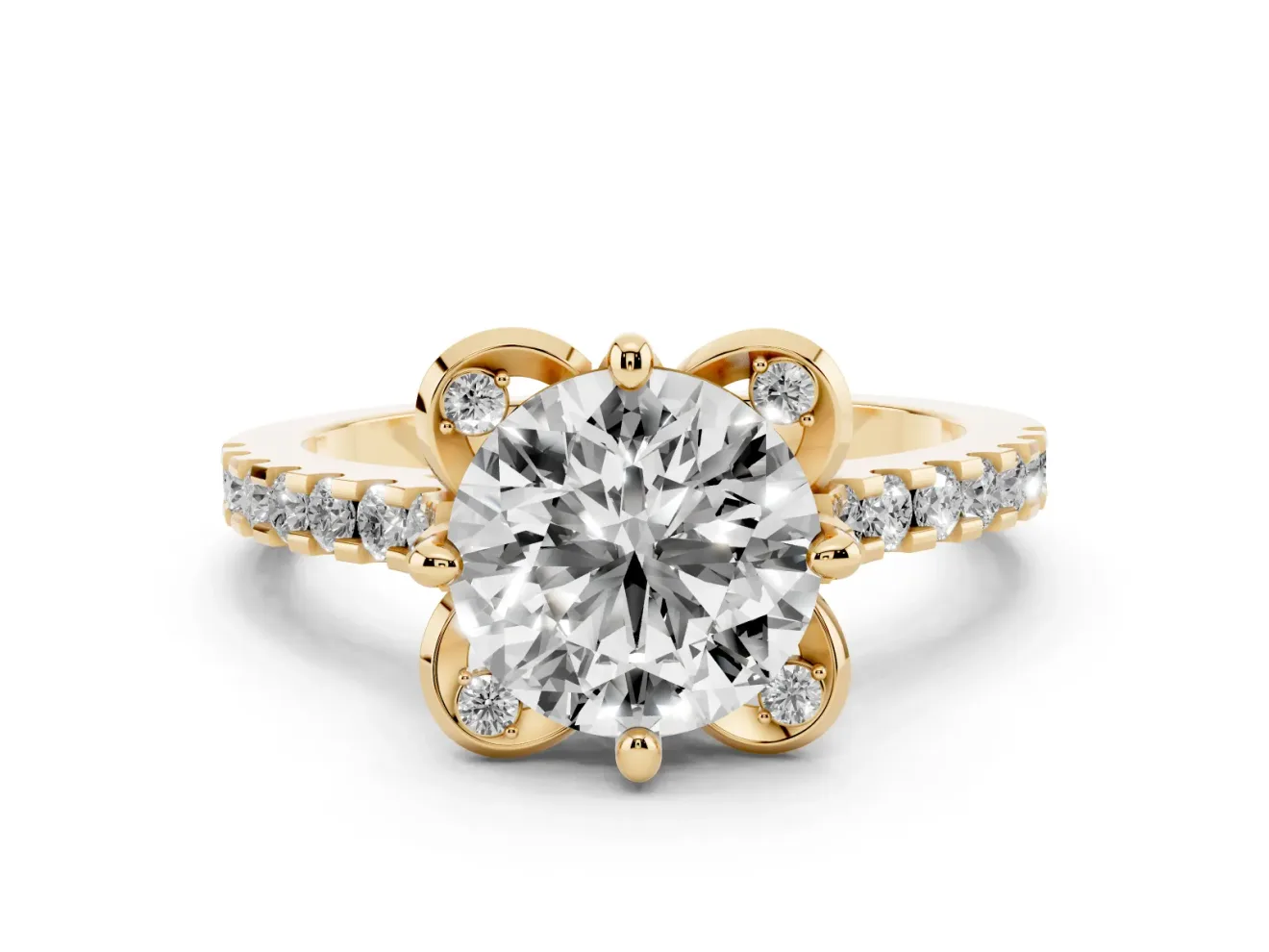 Round Floral Petal Engagement Ring Setting | Petal Accents | Yellow Gold
