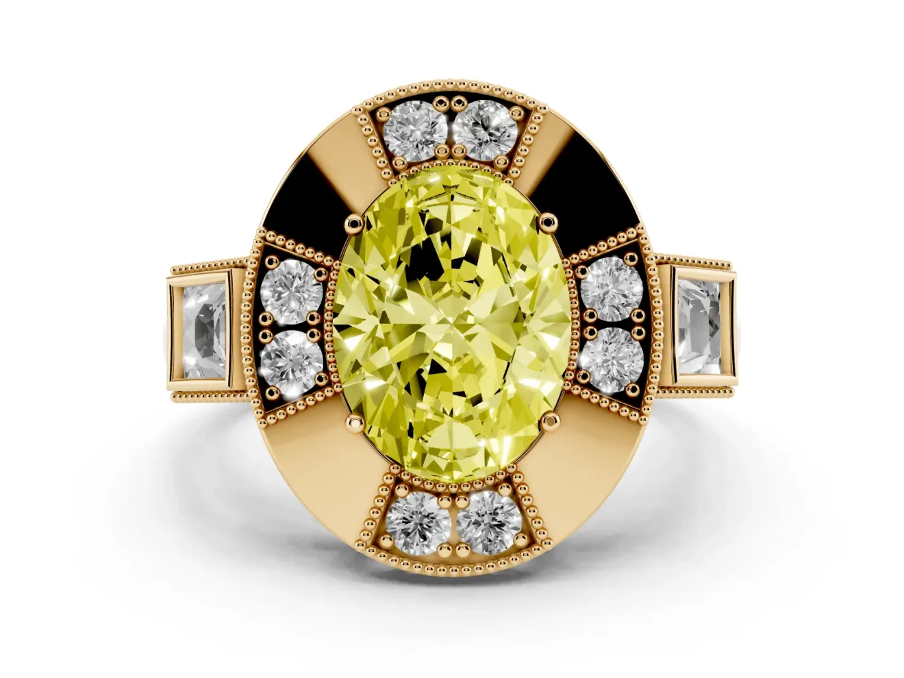 Oval Milgrain Sectioned Halo Engagement Ring Setting for a Fancy Yellow Lab-Grown Diamond | Yellow Gold