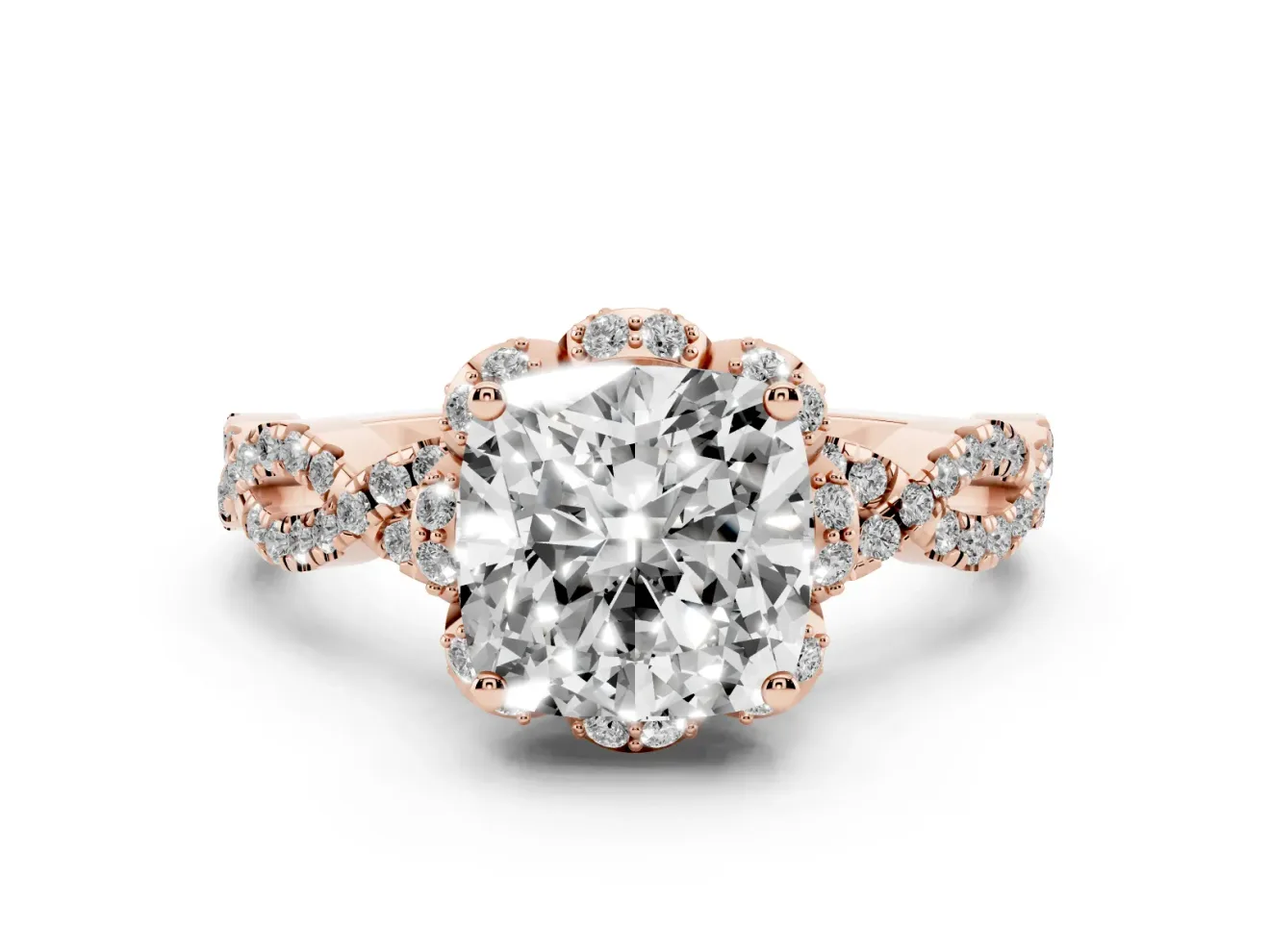 Cushion Cut Diamond Halo Twist Band Solitaire Ring Set in Rose gold with Prong-Set Center Stone
