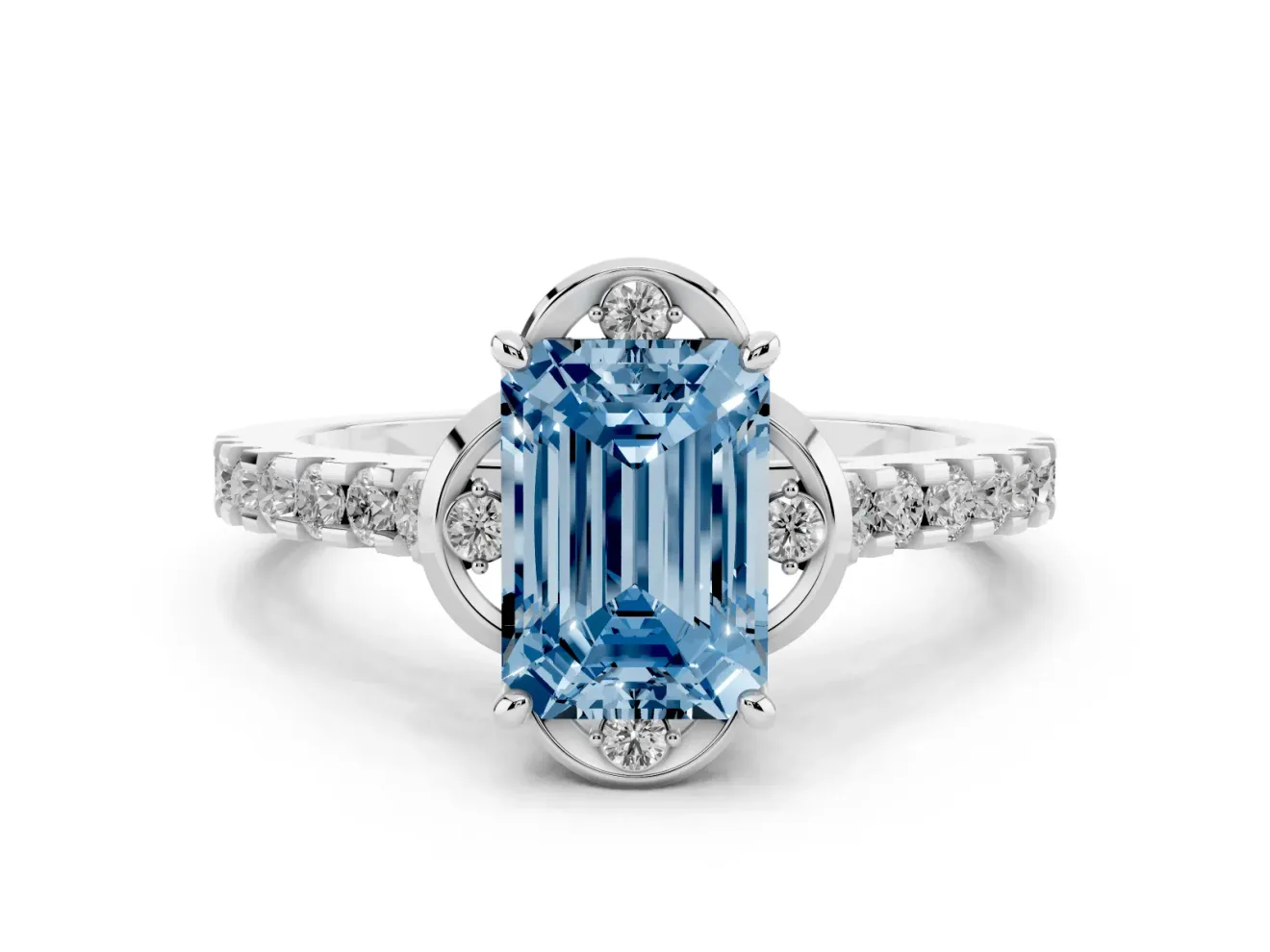 Emerald Cut Floral Engagement Ring Setting for a Fancy Blue Lab-Grown Diamond | Pavé Band | Platinum