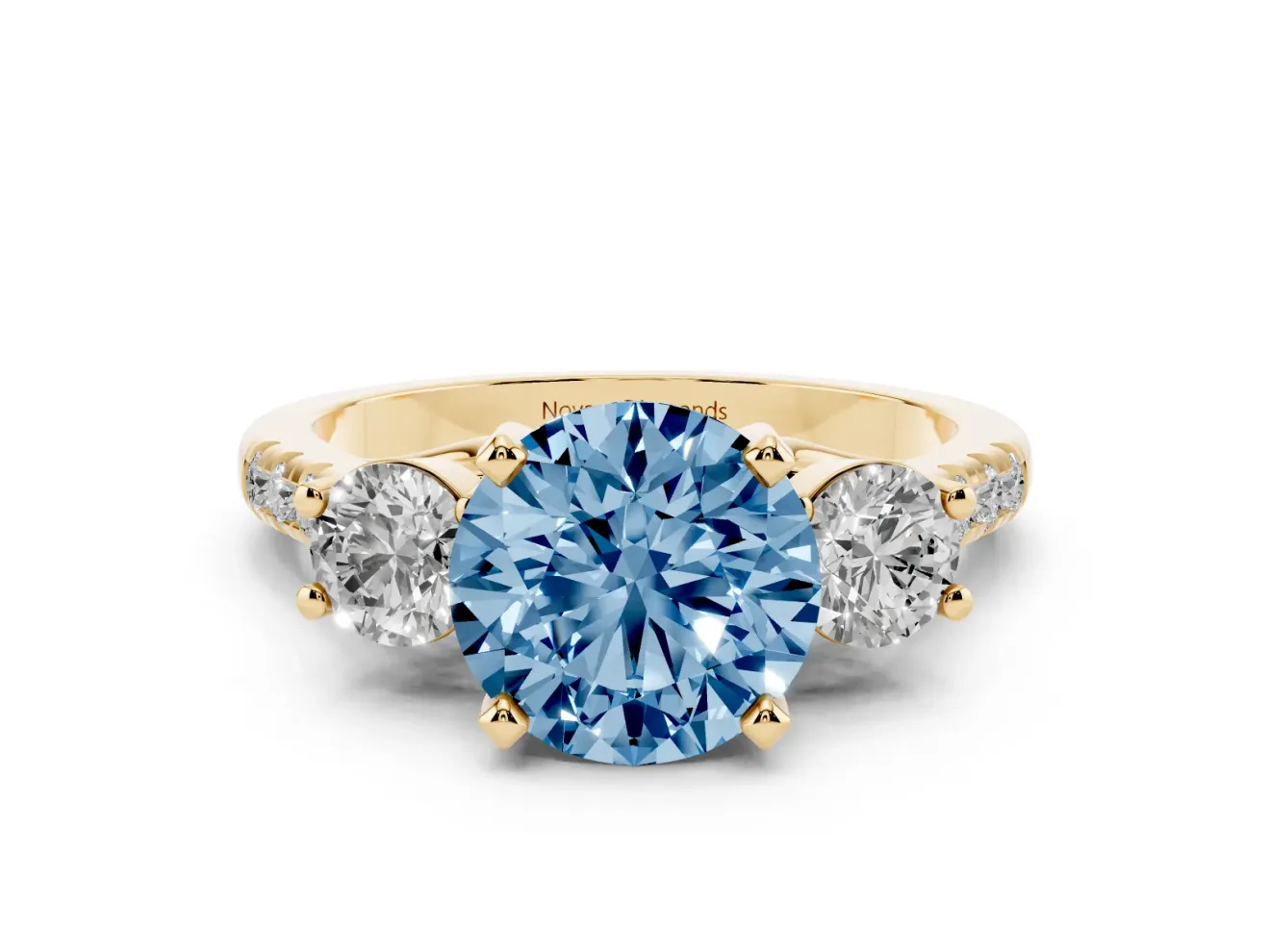 Fancy Blue Three-Stone Round Cut Diamond Pavé Band Ring Set in Yellow gold with Prong-Set Trio