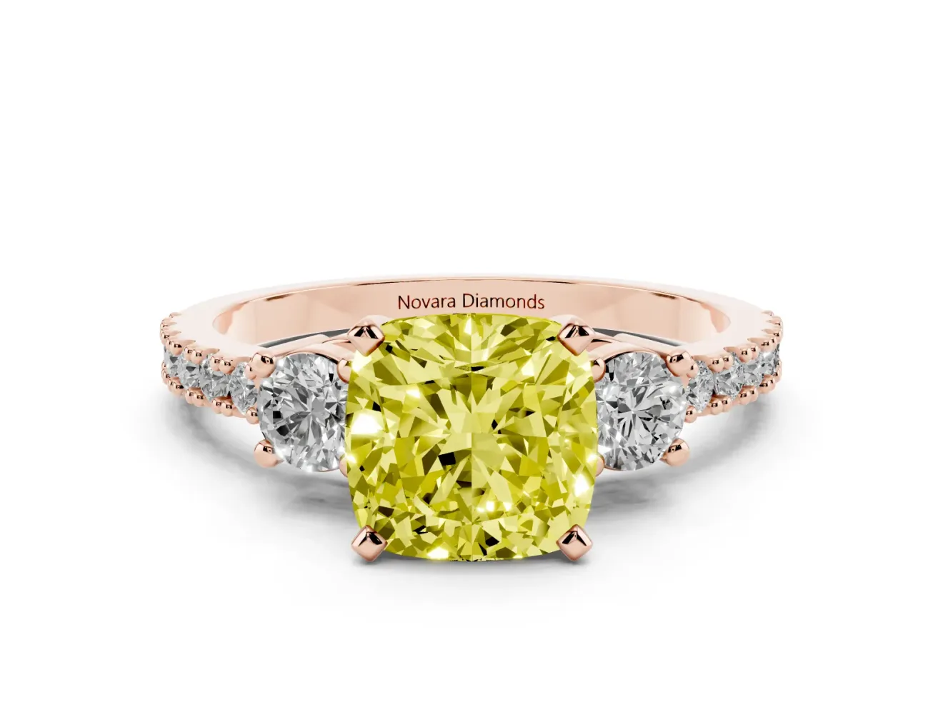 Fancy Yellow Three-Stone Cushion Cut Diamond Pavé Band Ring Set in Rose gold with Prong Setting
