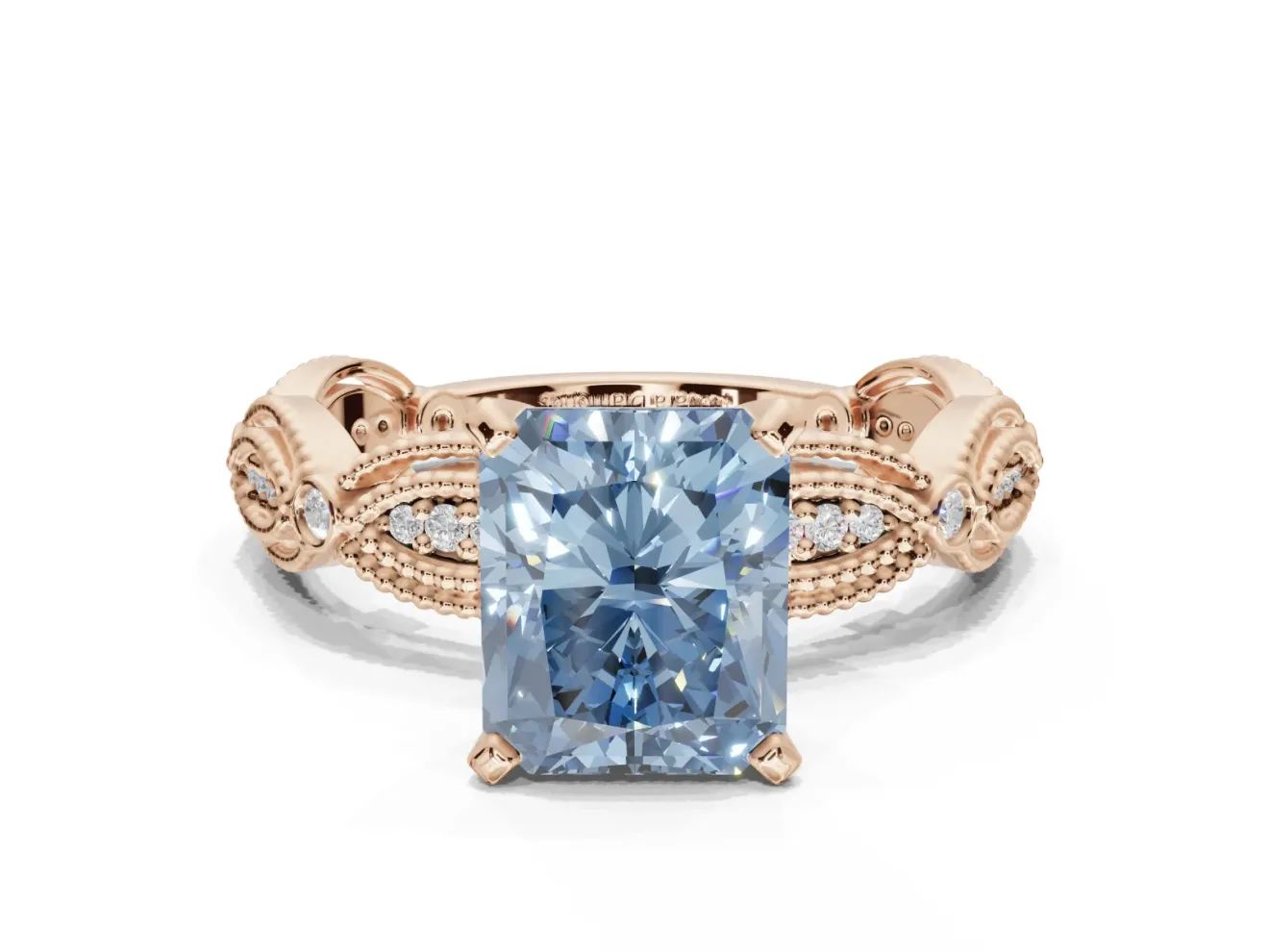 Radiant Cut Vintage Milgrain Engagement Ring Setting for a Fancy Blue Lab-Grown Diamond | Graduated Stations | Rose Gold