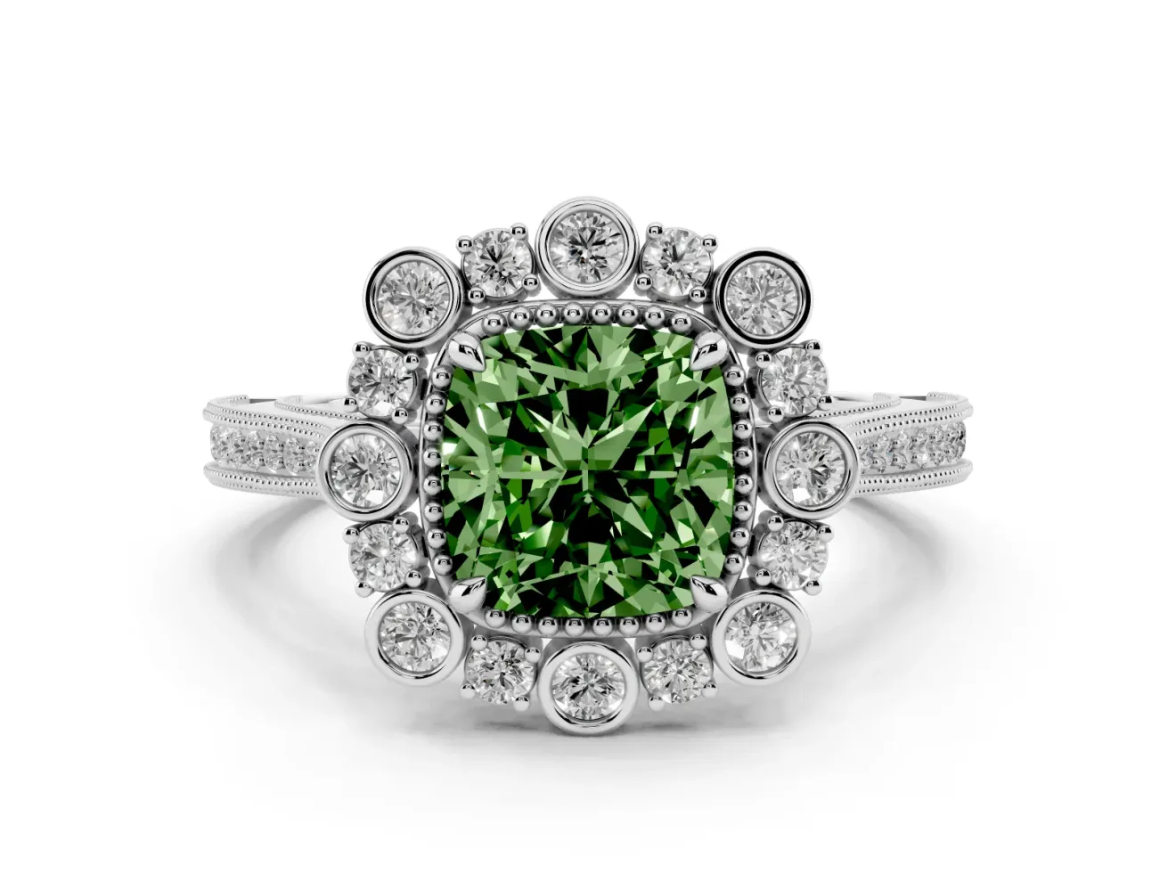 Cushion Cut Halo Engagement Ring Setting for a Fancy Green Lab-Grown Diamond | Sterling Silver - Design NV-24753