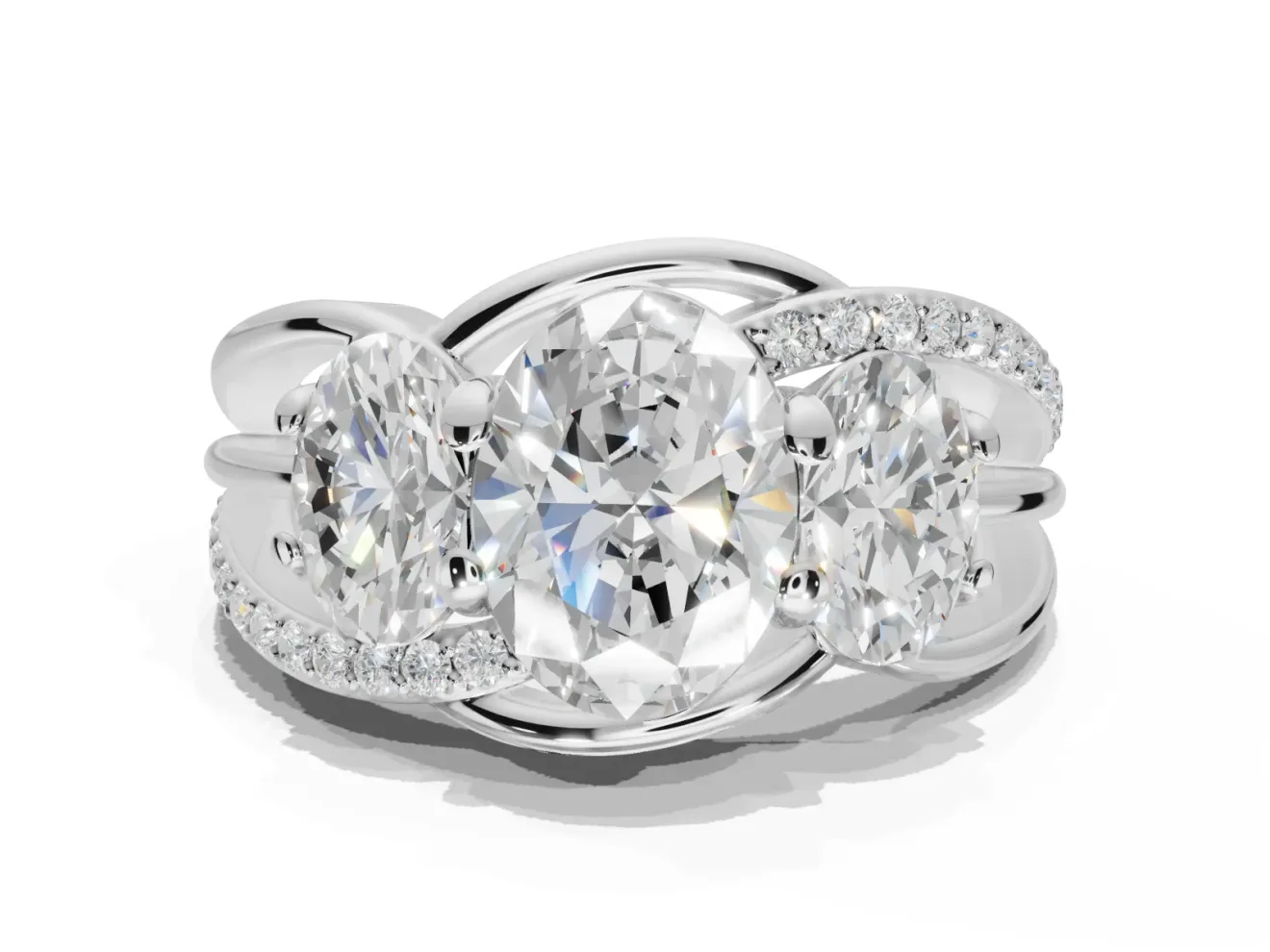 Oval Three Stone Split Shank Engagement Ring Setting | Matching Sides | White Gold