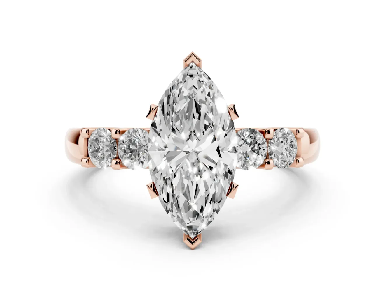 Marquise Cut Diamond Five-Stone Prong Set Engagement Ring Set in Rose gold with Channel Band