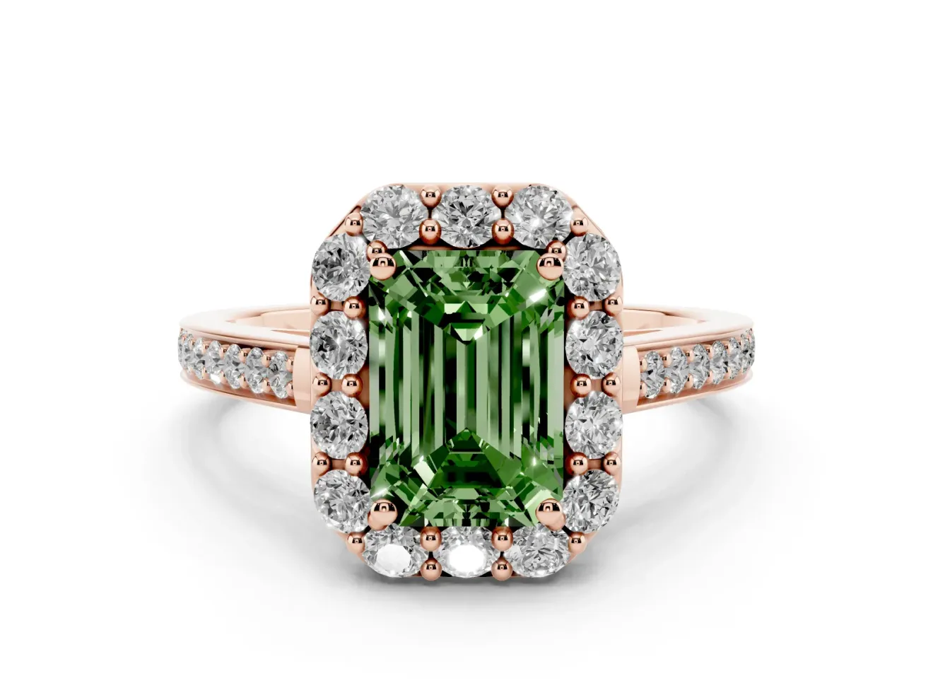 Fancy Green Emerald Cut Diamond Floral Halo Ring Set in Rose gold with Pavé Band and Prong Setting