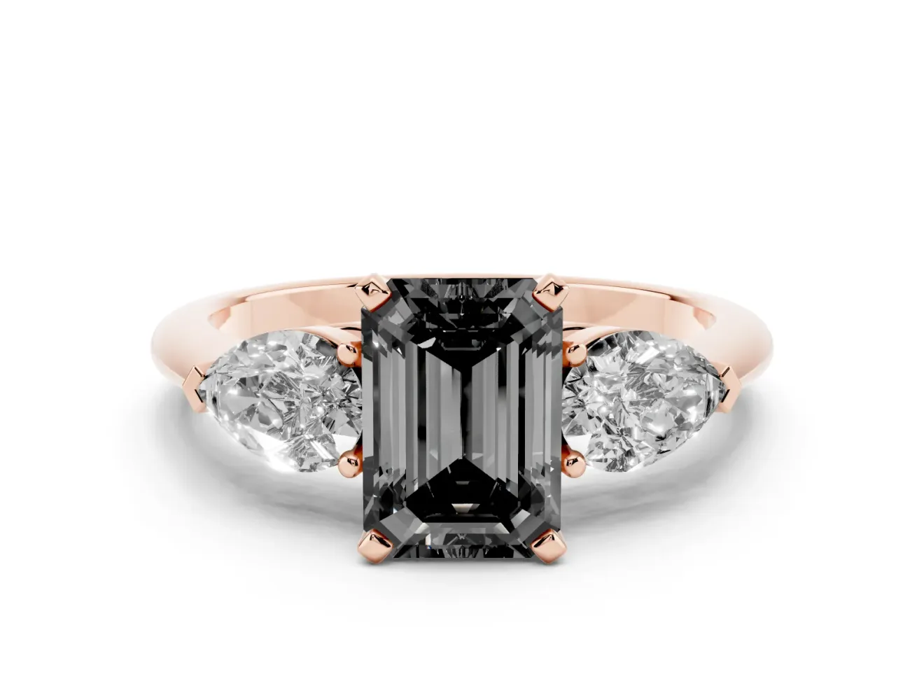 Emerald Cut Three-Stone Engagement Ring Setting for a Black Center | Pear Side Stones | Rose Gold