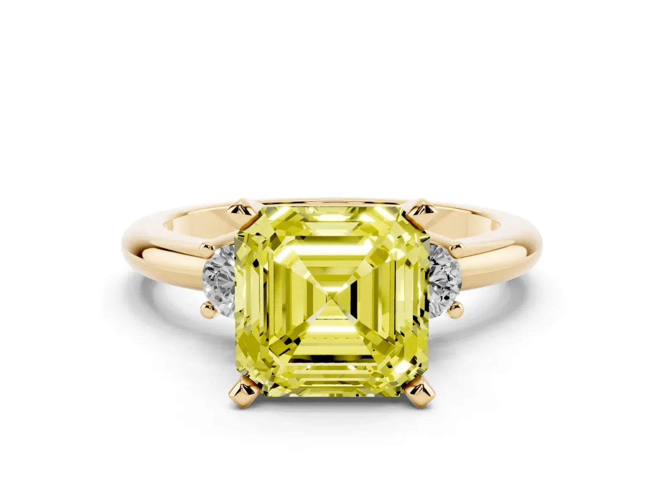 Fancy Yellow Three-Stone Asscher Cut Diamond Ring Set in Yellow gold with Prong Setting and Plain Band