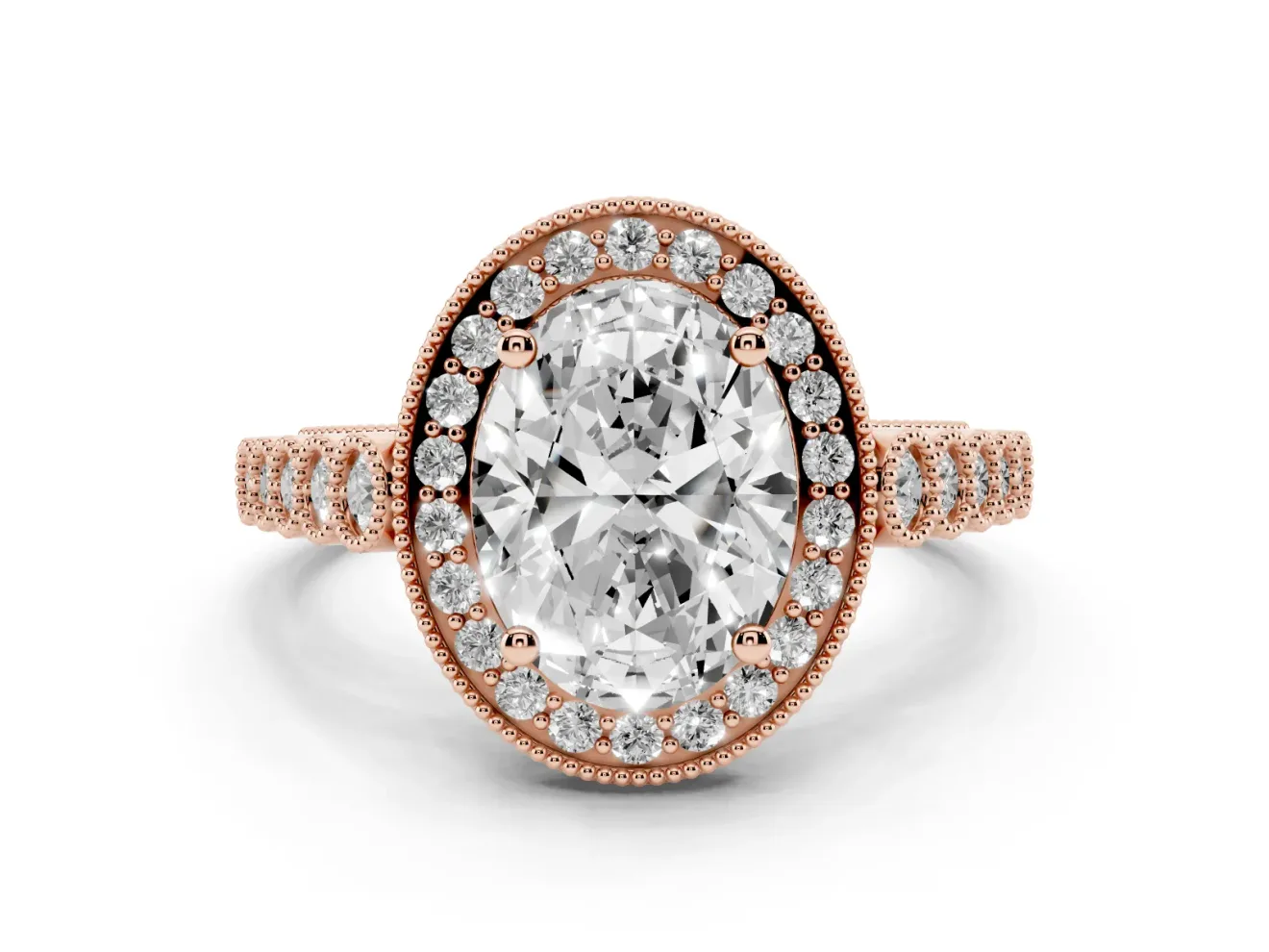 Oval Cut Diamond Milgrain Halo Solitaire Ring Set in Rose gold with Bezel Set Side Stones and Pavé Band