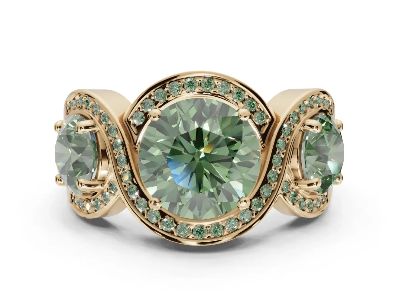 Round Three Stone Halo Engagement Ring Setting for a Fancy Green Lab-Grown Diamond | Pavé Wave Band | Yellow Gold