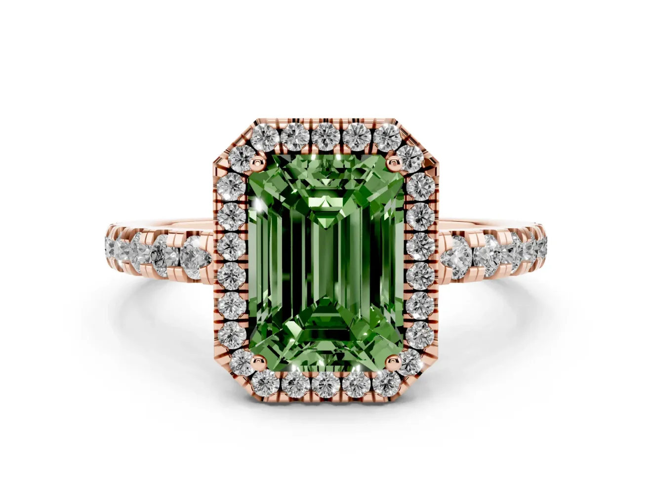 Fancy Green Emerald Cut Diamond Halo Ring Set in Rose gold with Delicate Pavé Band and Prong Setting