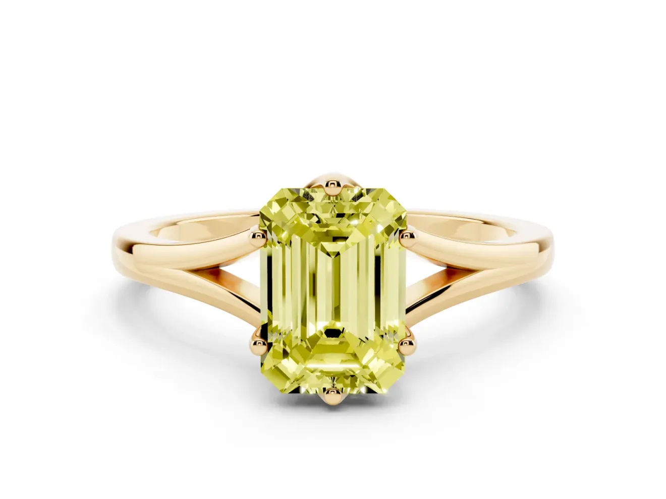 Fancy Yellow Emerald Cut Diamond Solitaire Ring Set in Yellow gold with Polished Tapered Band and Prong Setting