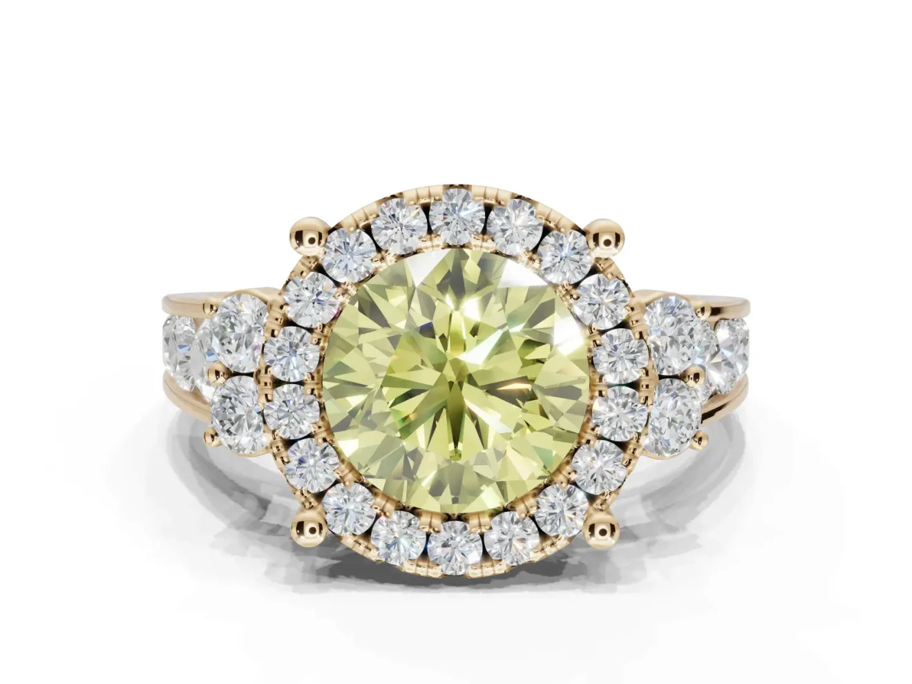 Round Halo Engagement Ring Setting for a Fancy Yellow Lab-Grown Diamond | Graduated Channel Band | Yellow Gold