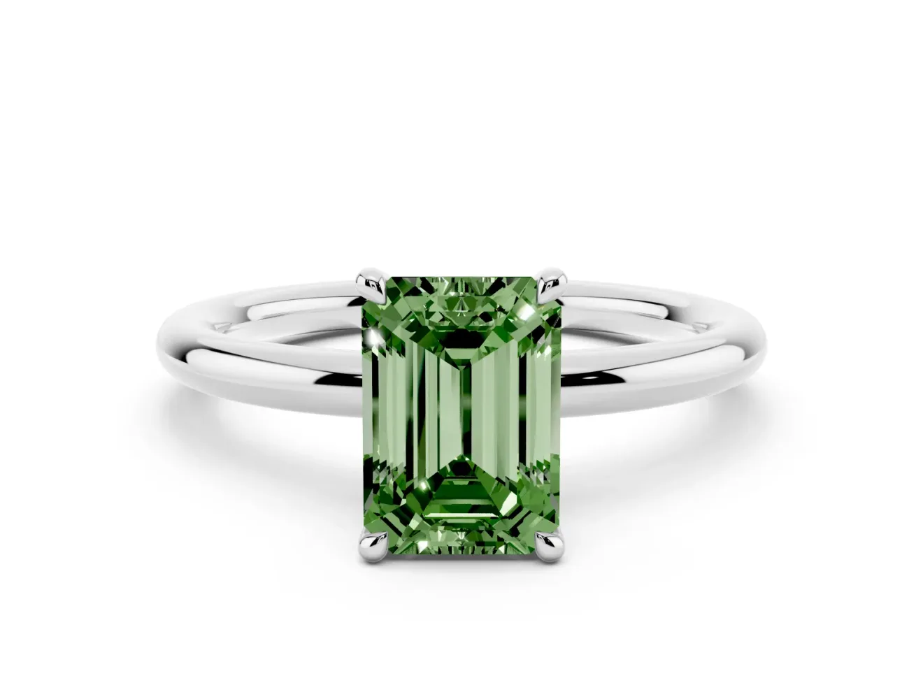 Fancy Green Emerald Cut Diamond Solitaire Ring Set in Silver with Thin Band and Prong Setting
