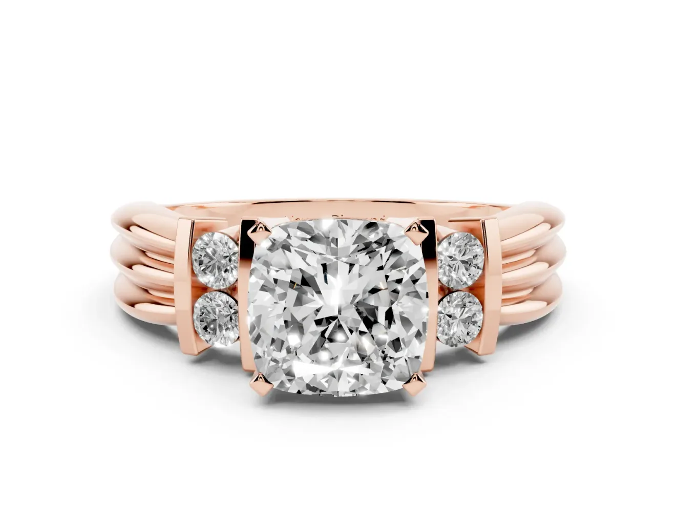 Three-Stone Cushion Cut Diamond Channel Set Ring Set in Rose gold with Bar Prongs