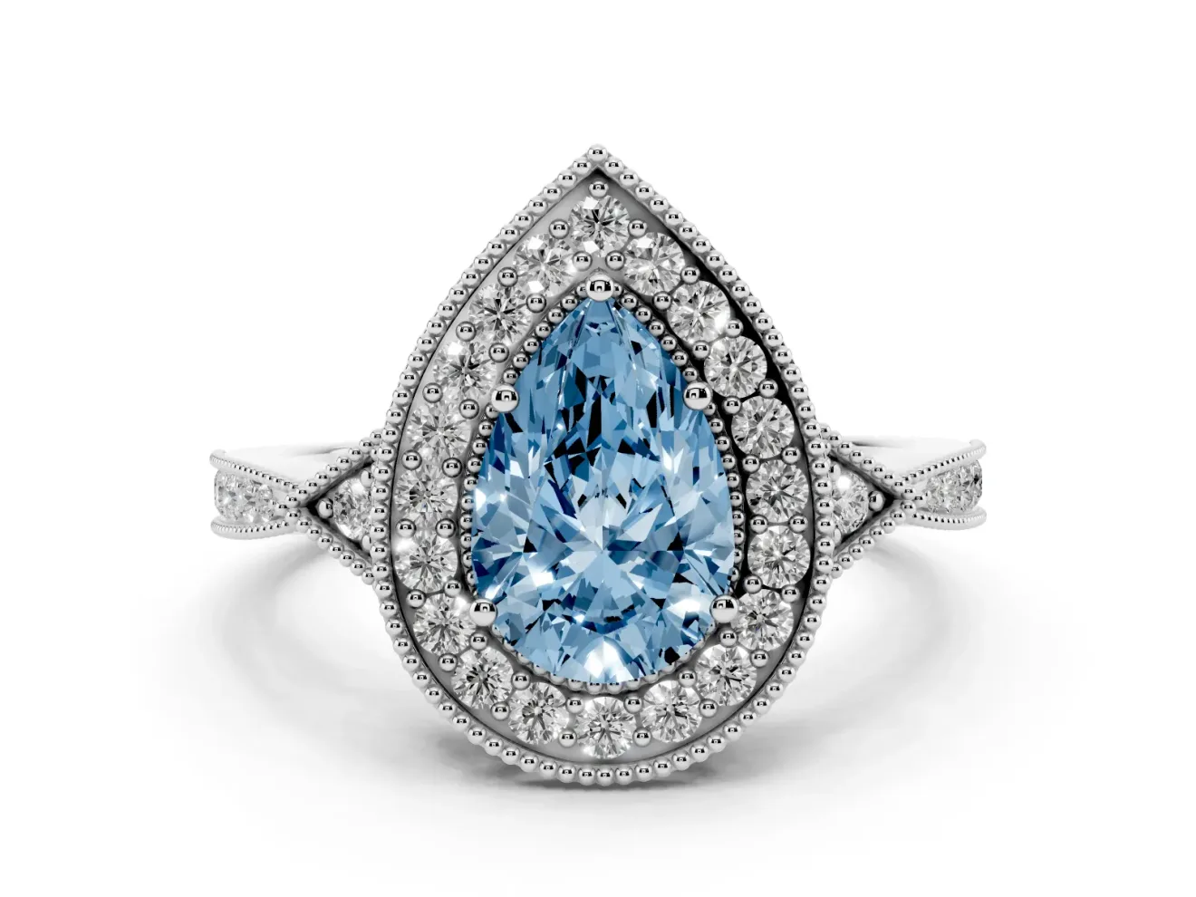 Fancy Blue Pear Cut Diamond Halo Engagement Ring Set in Platinum with Milgrain Pavé Band