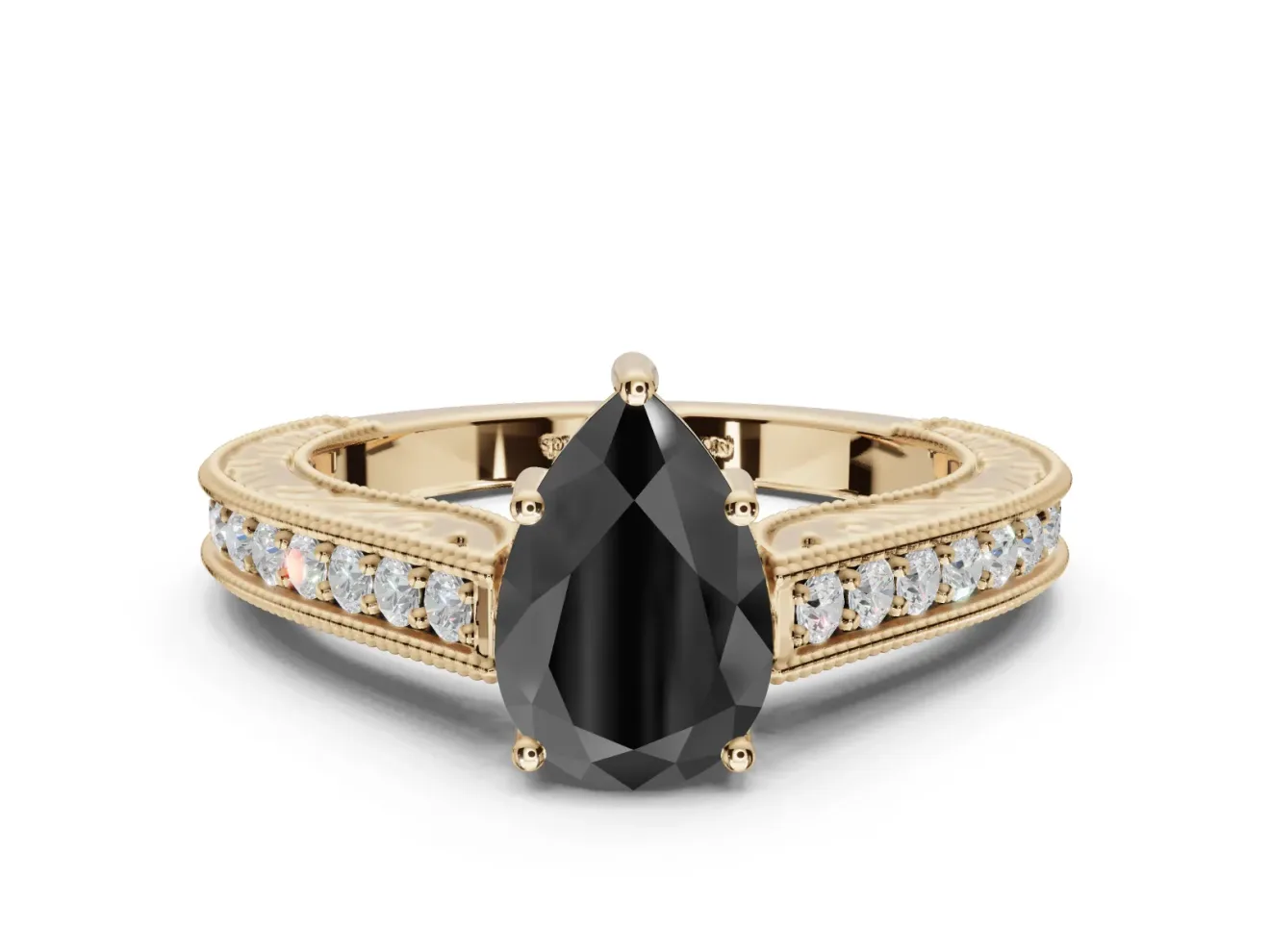Pear-Shaped Vintage Pavé Engagement Ring Setting for a Black Center | Yellow Gold