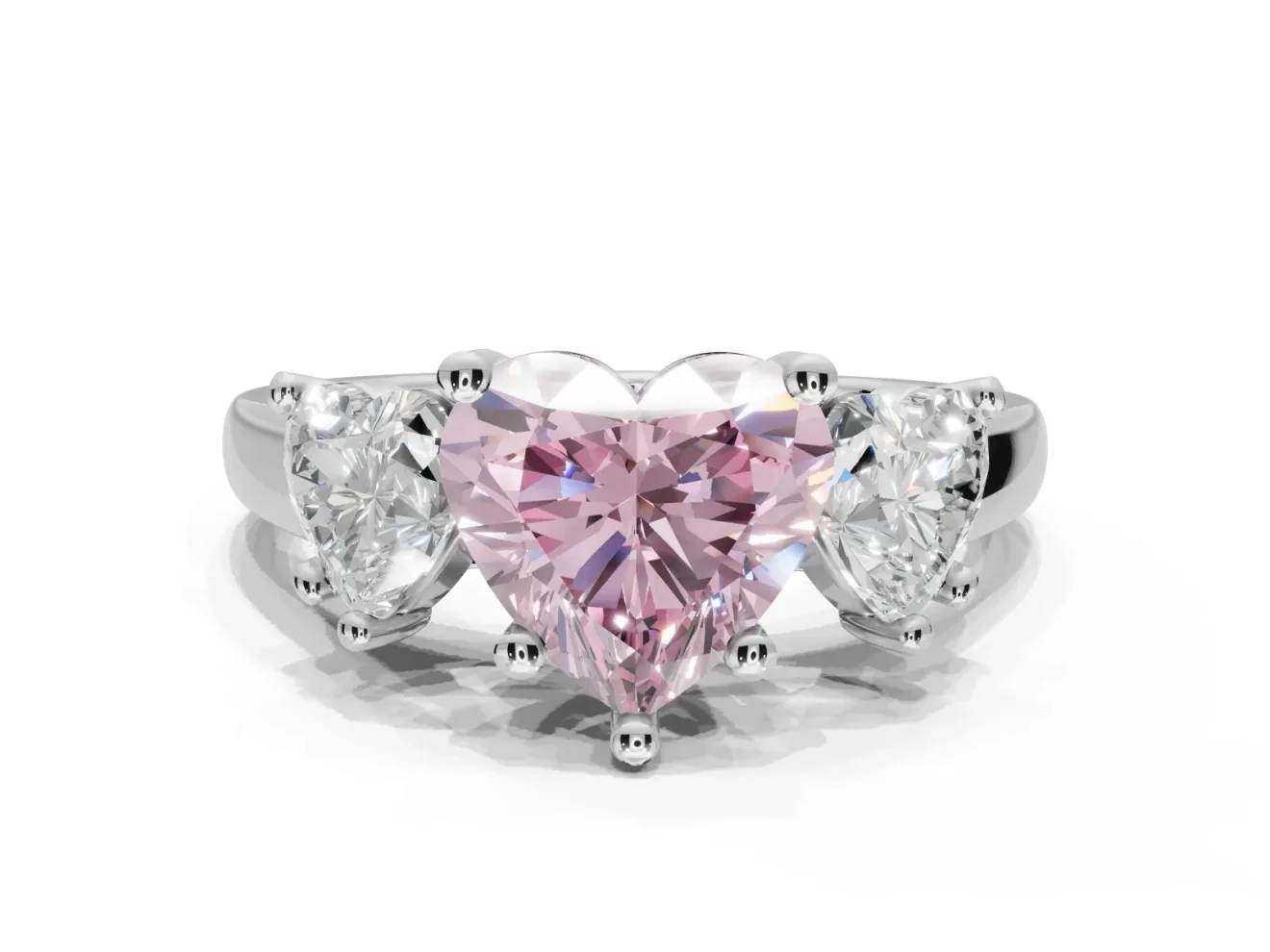 Heart-Shaped Three Stone Engagement Ring Setting for a Fancy Pink Lab-Grown Diamond | Tapered Band | White Gold