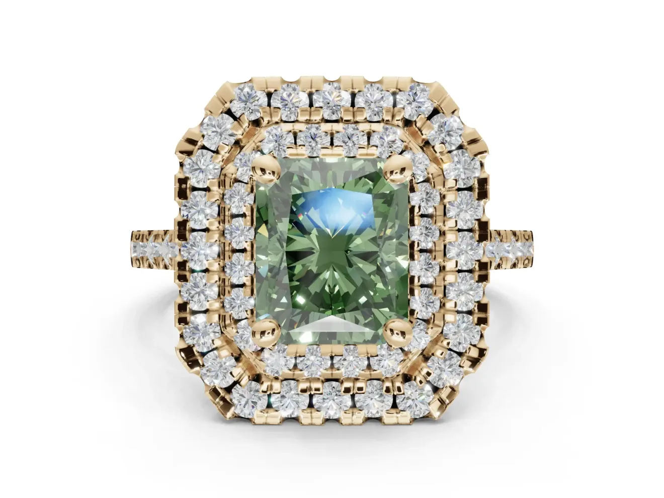 Radiant Cut Double Halo Engagement Ring Setting for a Fancy Green Lab-Grown Diamond | Pave Shoulders | Yellow Gold