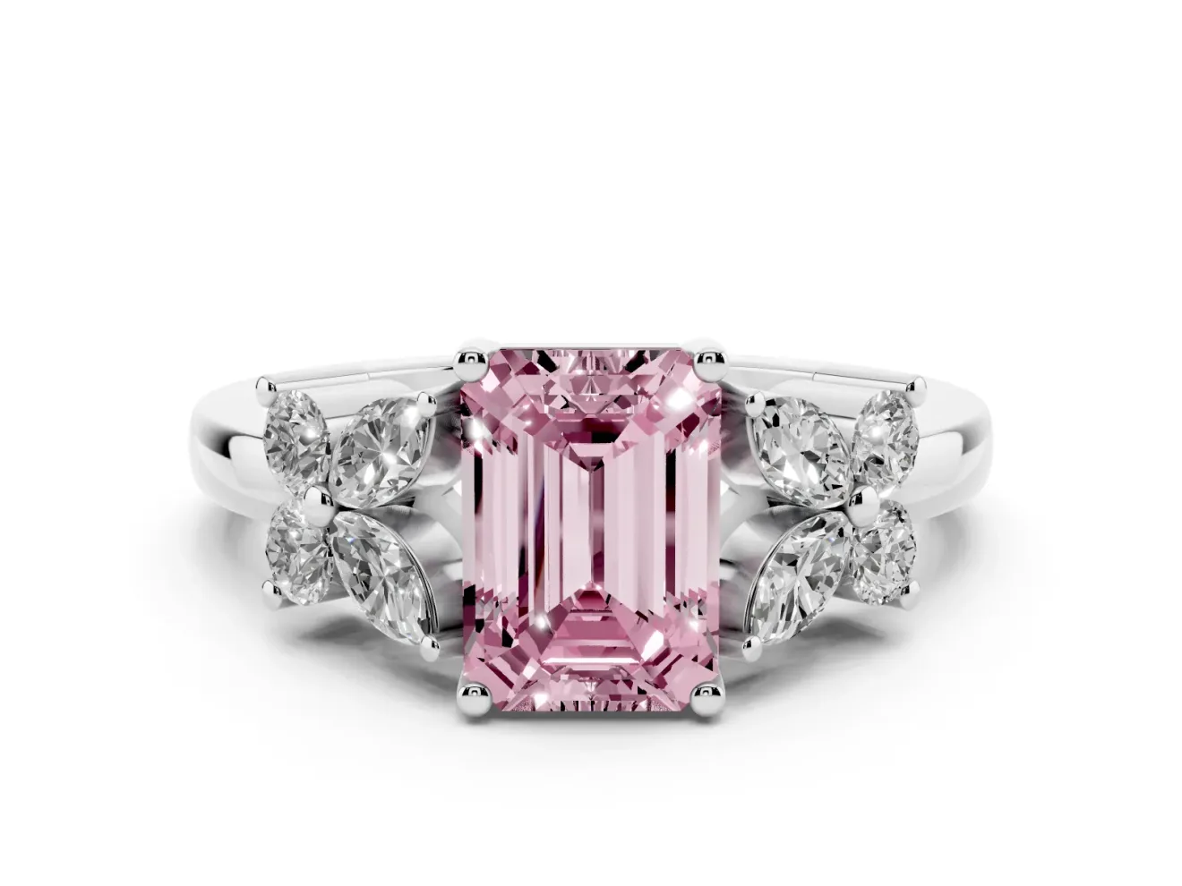 Emerald Cut Floral Side Stone Engagement Ring Setting for a Fancy Pink Lab-Grown Diamond | Platinum
