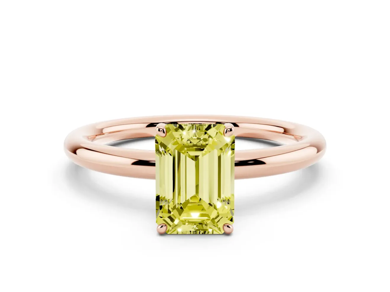 Fancy Yellow Emerald Cut Diamond Solitaire Ring Set in Rose gold with Prong Setting on a Polished Plain Band