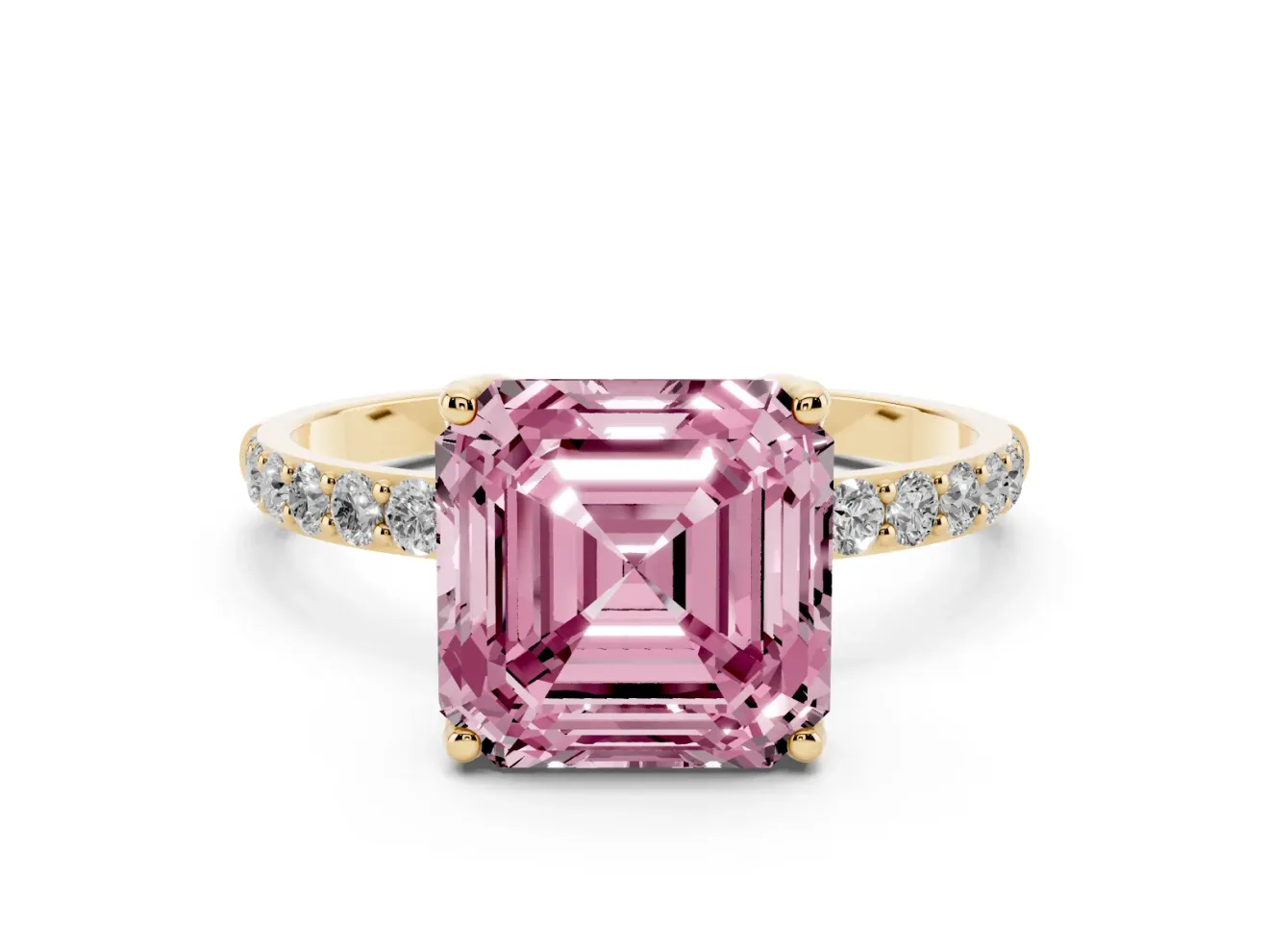 Asscher Cut Pave Solitaire Engagement Ring Setting for a Fancy Pink Lab-Grown Diamond | Slim Band | Yellow Gold