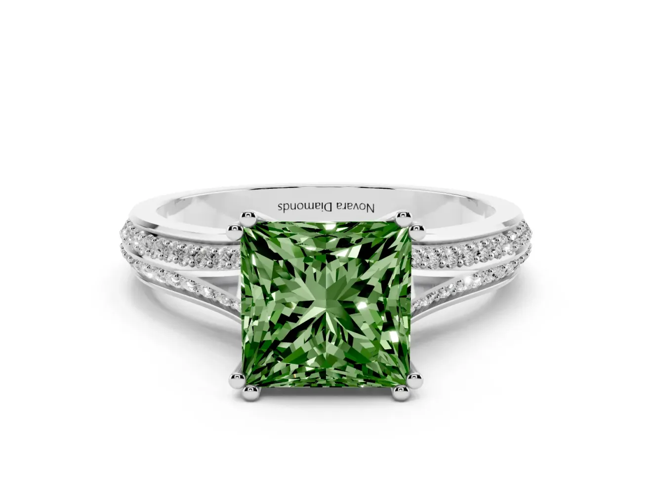 Princess Cut Split Shank Engagement Ring Setting for a Fancy Green Lab-Grown Diamond | Pave Band | White Gold