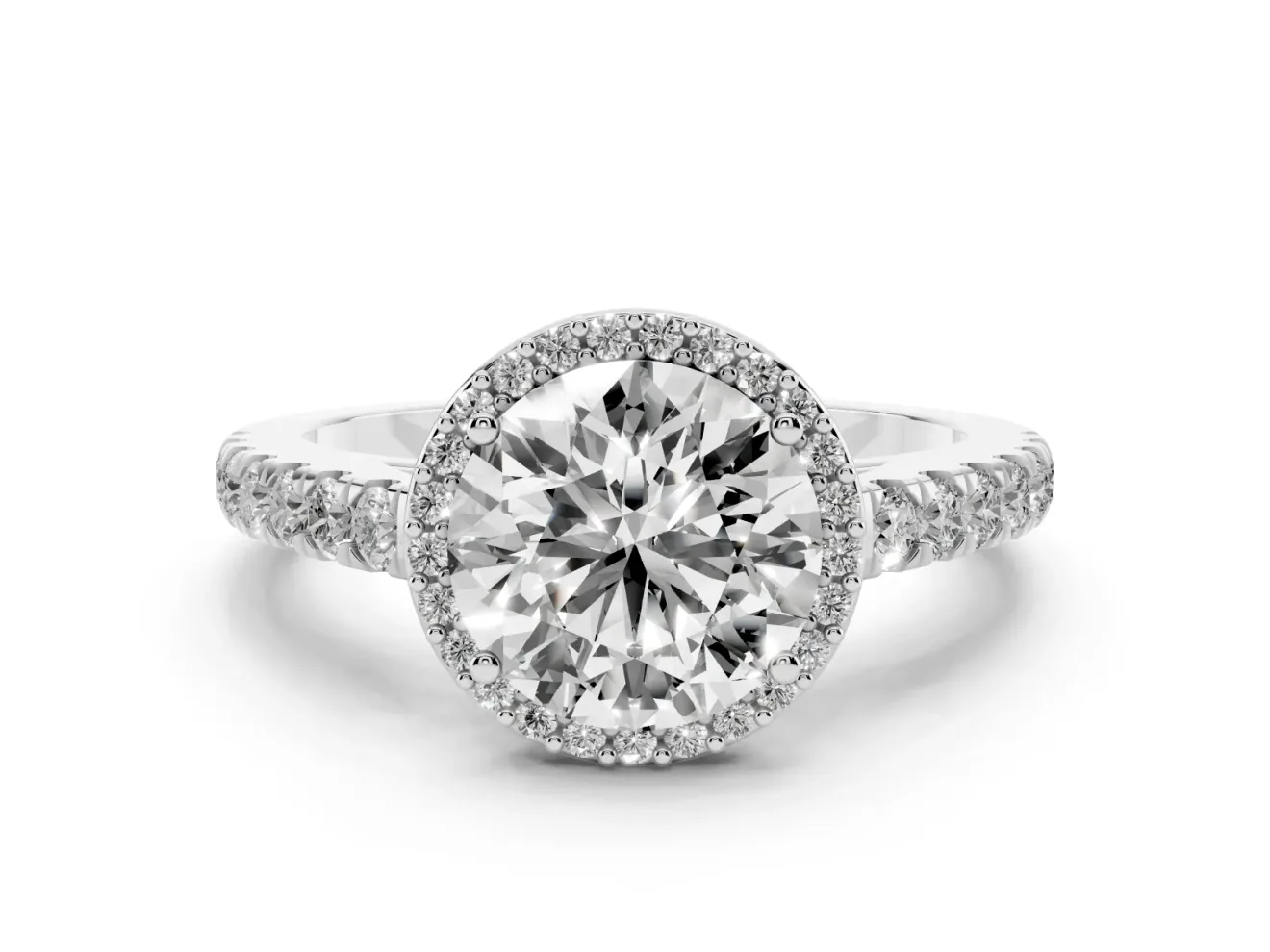 Round Cut Diamond Halo Engagement Ring Set in White gold with Pavé Band and Prong Setting