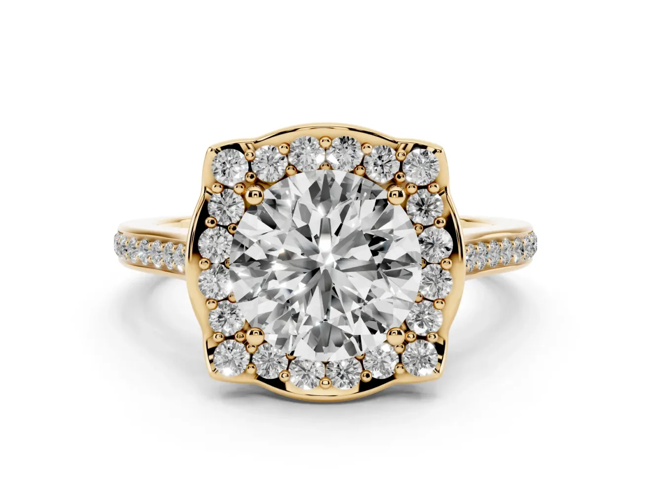 Round Petal Tip Halo Engagement Ring Setting | Single Row Pavé Band | Yellow Gold