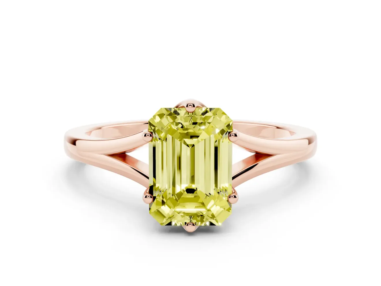 Fancy Yellow Emerald Cut Diamond Solitaire Ring Set in Rose gold with Polished Tapered Band and Prong Setting