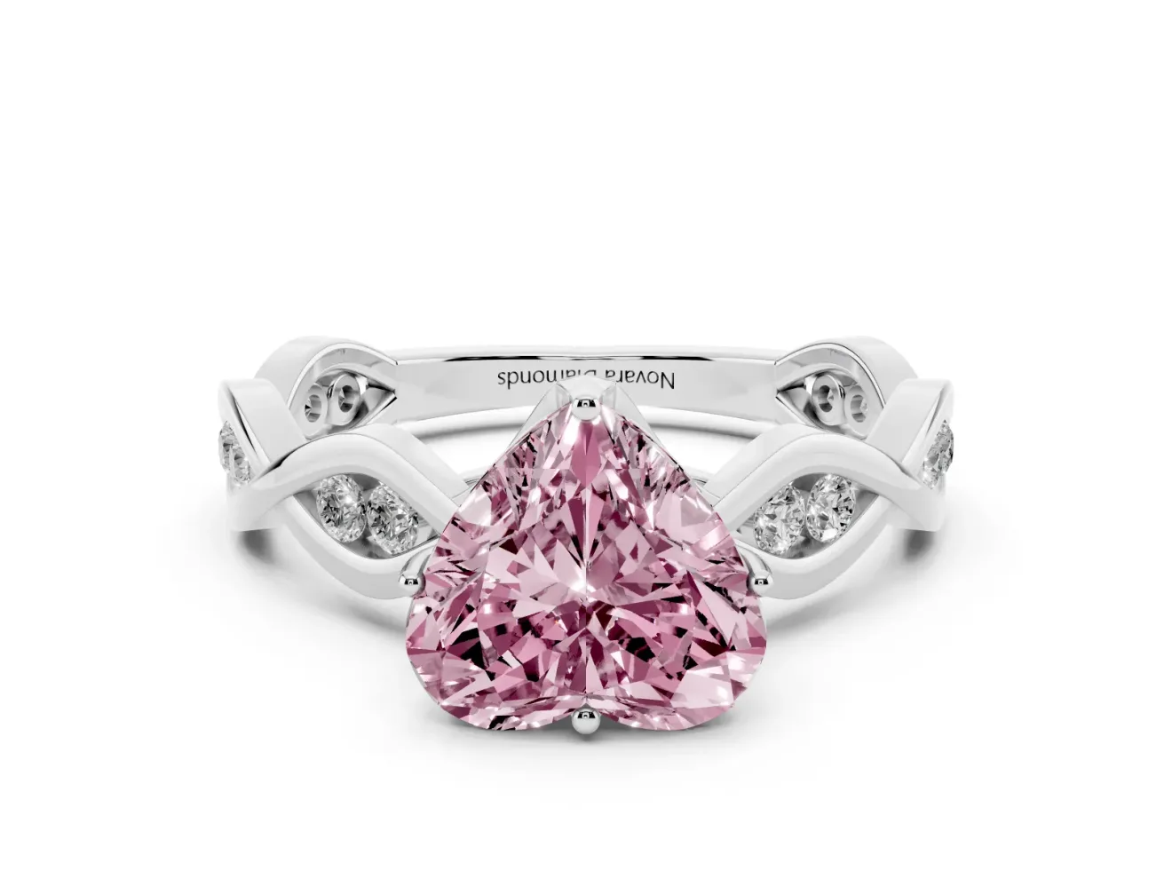 Fancy Pink Heart Cut Diamond Twist Band Solitaire Ring Set in Silver with Leaf Prong Setting and Accent Stones