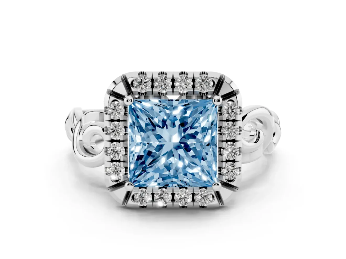 Fancy Blue Princess Cut Diamond Halo Ring Set in White gold with Scrollwork Band and Prong Setting