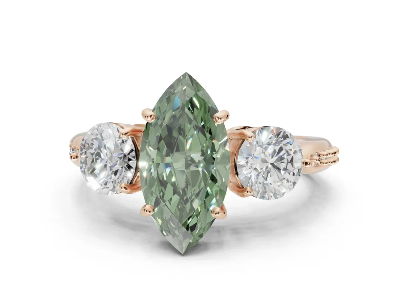 Marquise Three Stone Engagement Ring Setting for a Fancy Green Lab-Grown Diamond | Tapered Pave Band | Rose Gold