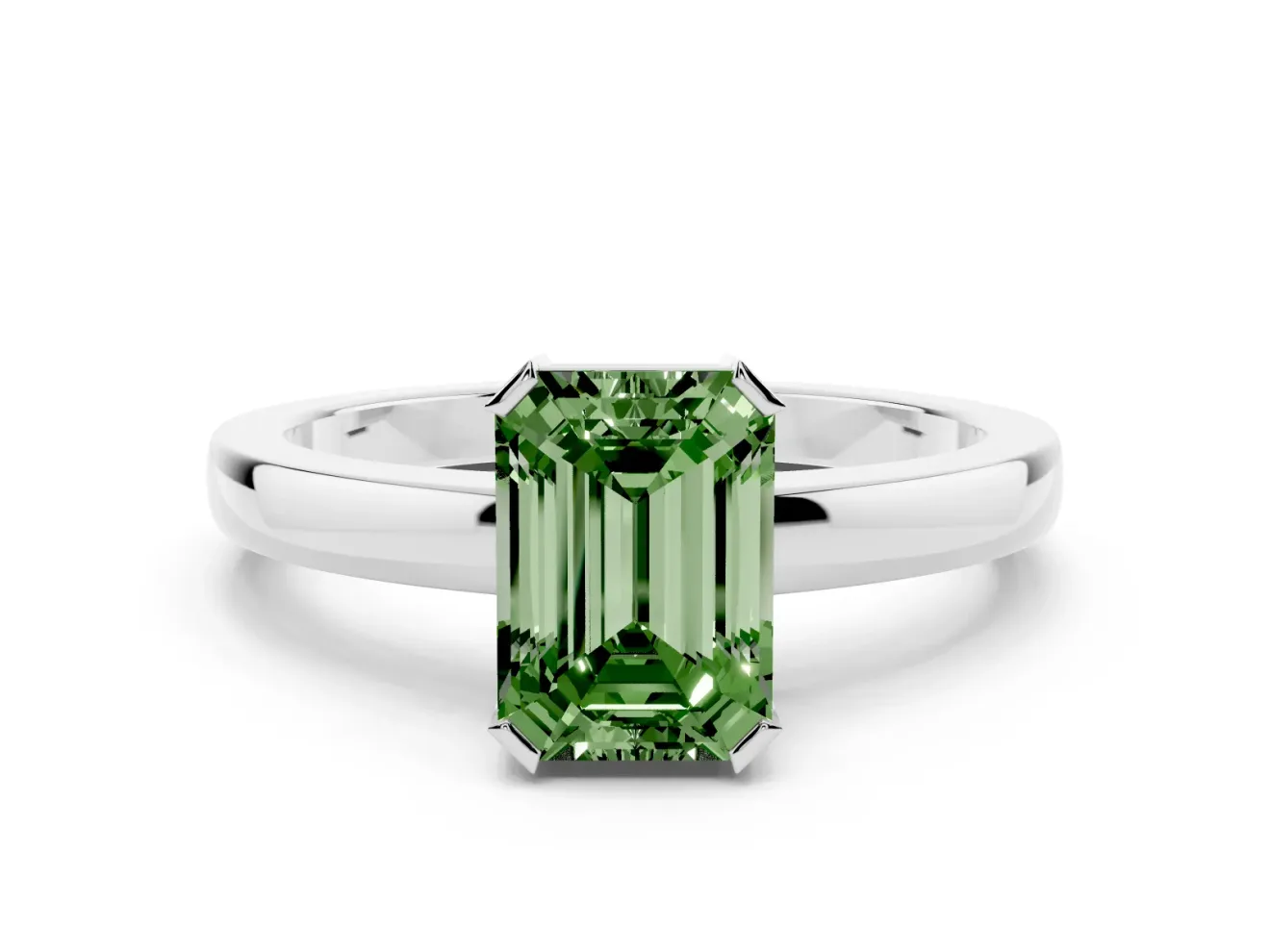 Fancy Green Emerald Cut Diamond Solitaire Ring Set in Platinum with Prong Head and Smooth Polished Band