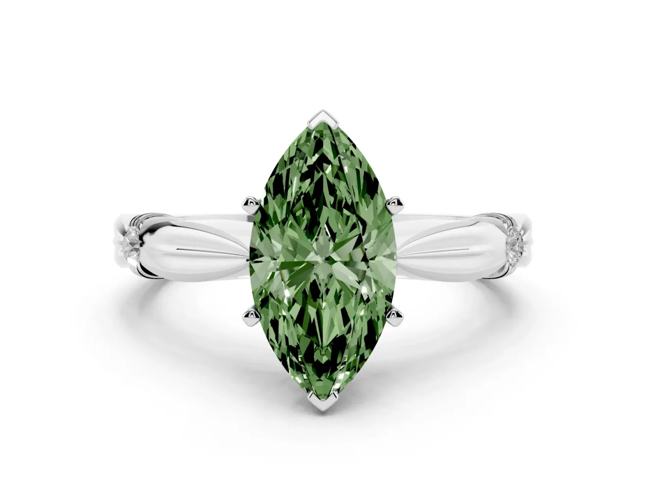 Fancy Green Marquise Cut Diamond Solitaire Twisted Band Ring Set in White gold with Accent Stones and Prong Setting