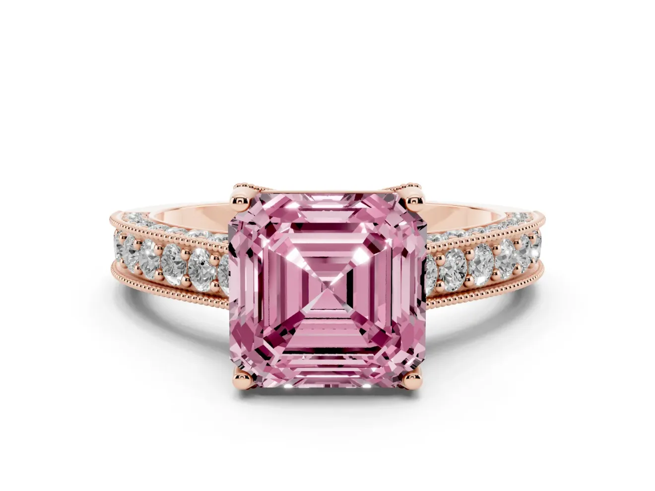 Asscher Cut Hidden Halo Engagement Ring Setting for a Fancy Pink Lab-Grown Diamond | Milgrain Pave | Rose Gold