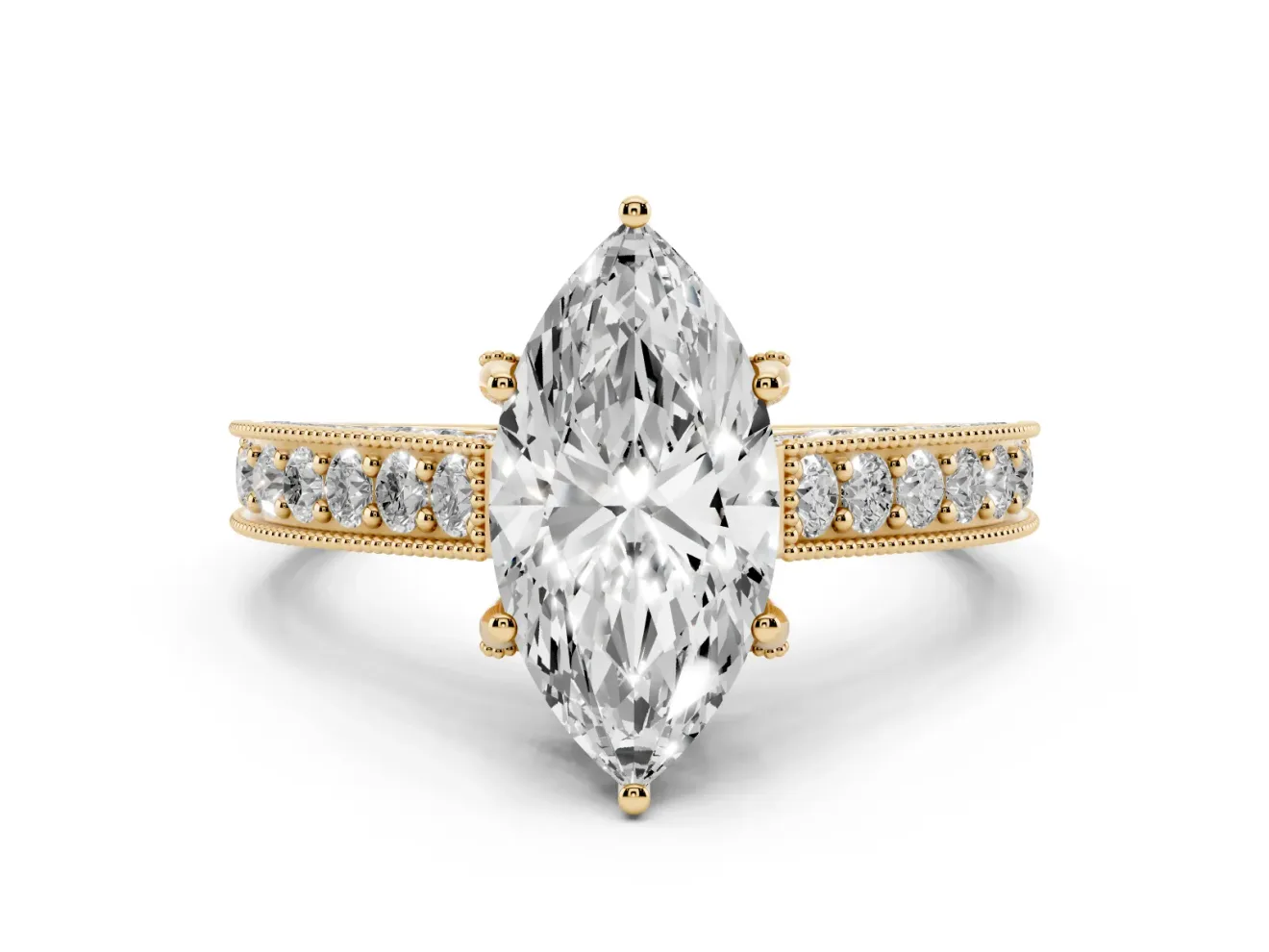 Marquise Vintage Hidden Halo Engagement Ring Setting | Milgrain Pave Band | Yellow Gold