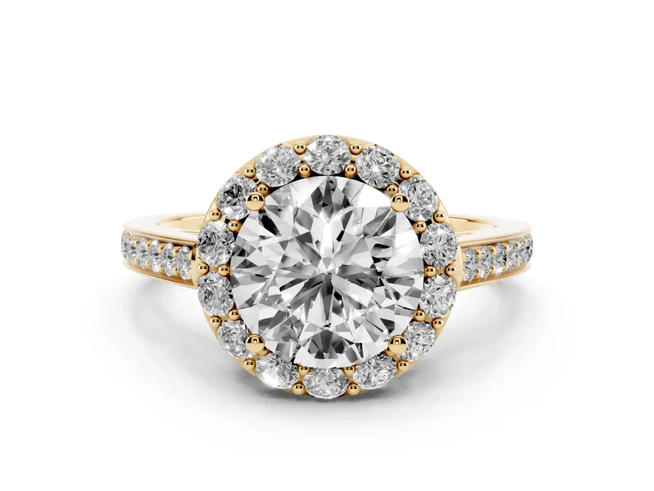 Round Cut Diamond Floral Halo Ring Set in Yellow gold with Pavé Band and Prong Setting