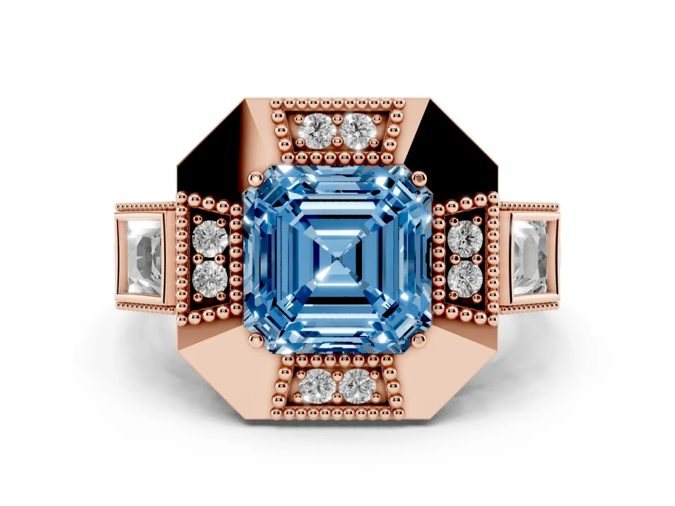 Fancy Blue Asscher Cut Diamond Milgrain Halo Ring Set in Rose gold with Split Shank