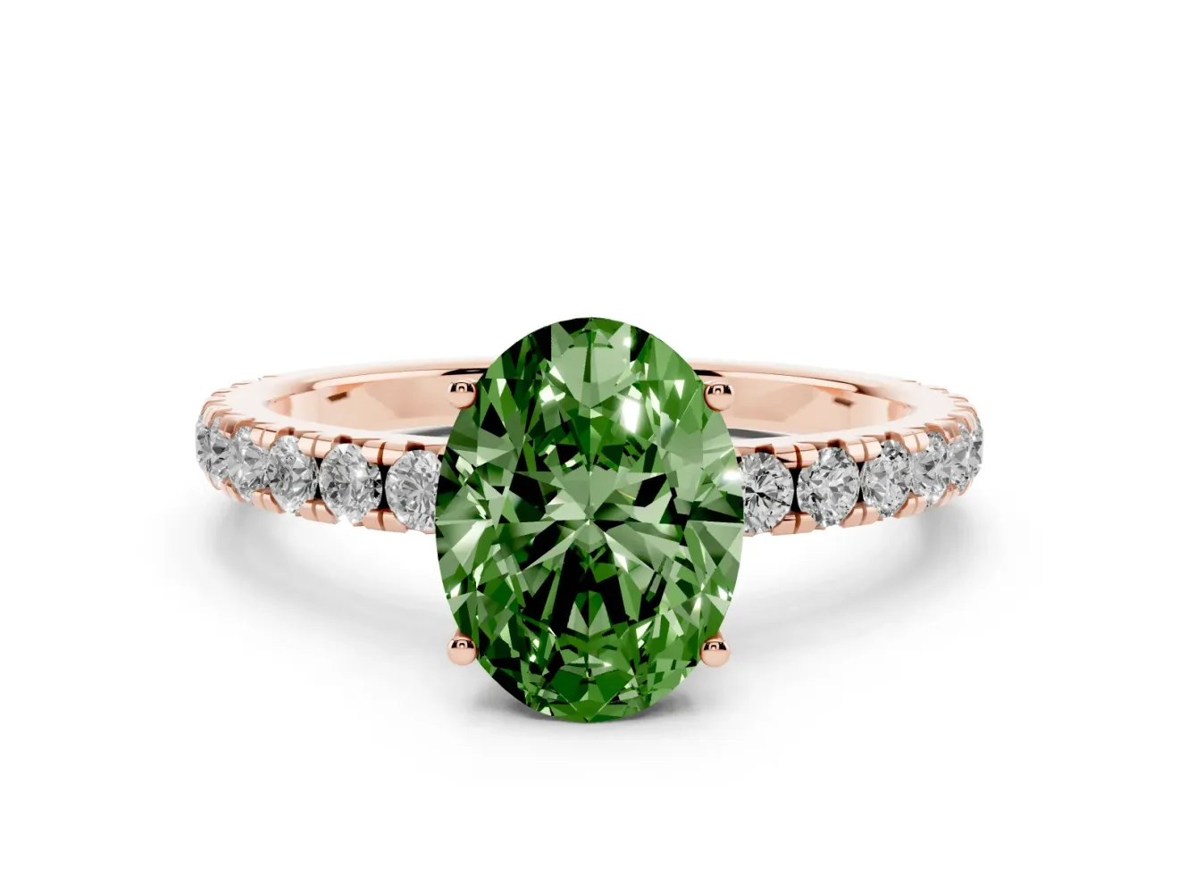 Oval Pave Solitaire Engagement Ring Setting for a Fancy Green Lab-Grown Diamond | Shared Prong Band | Rose Gold