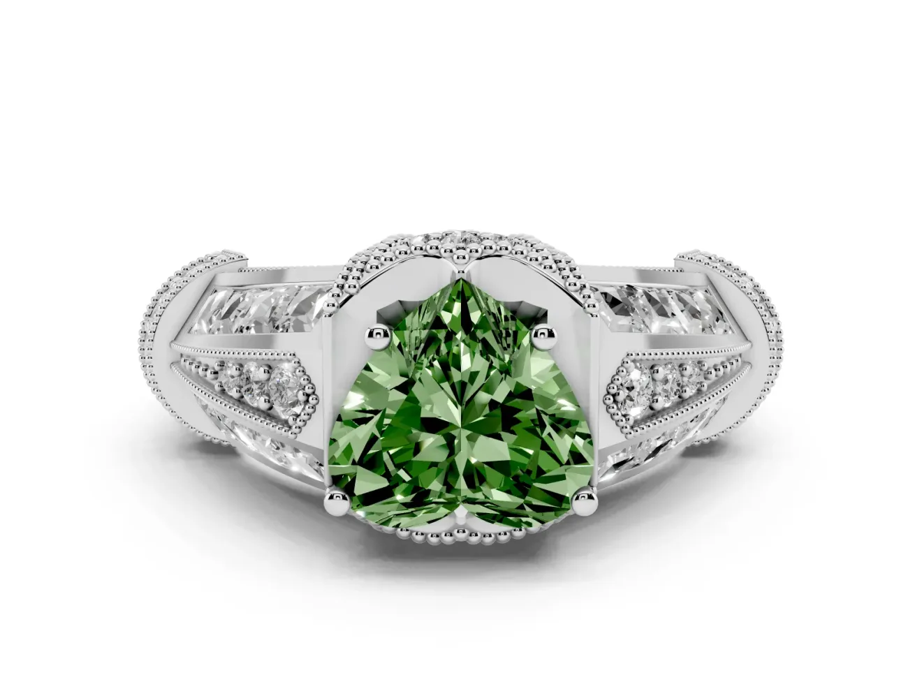 Fancy Green Heart Cut Diamond Vintage-Inspired Milgrain Ring Set in Platinum with Accent Split Shank