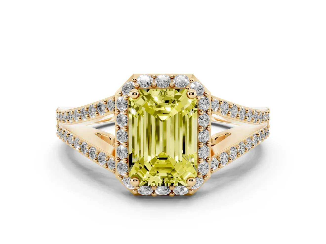 Emerald Cut Halo Engagement Ring Setting for a Fancy Yellow Lab-Grown Diamond | V-Split Pavé Band | Yellow Gold