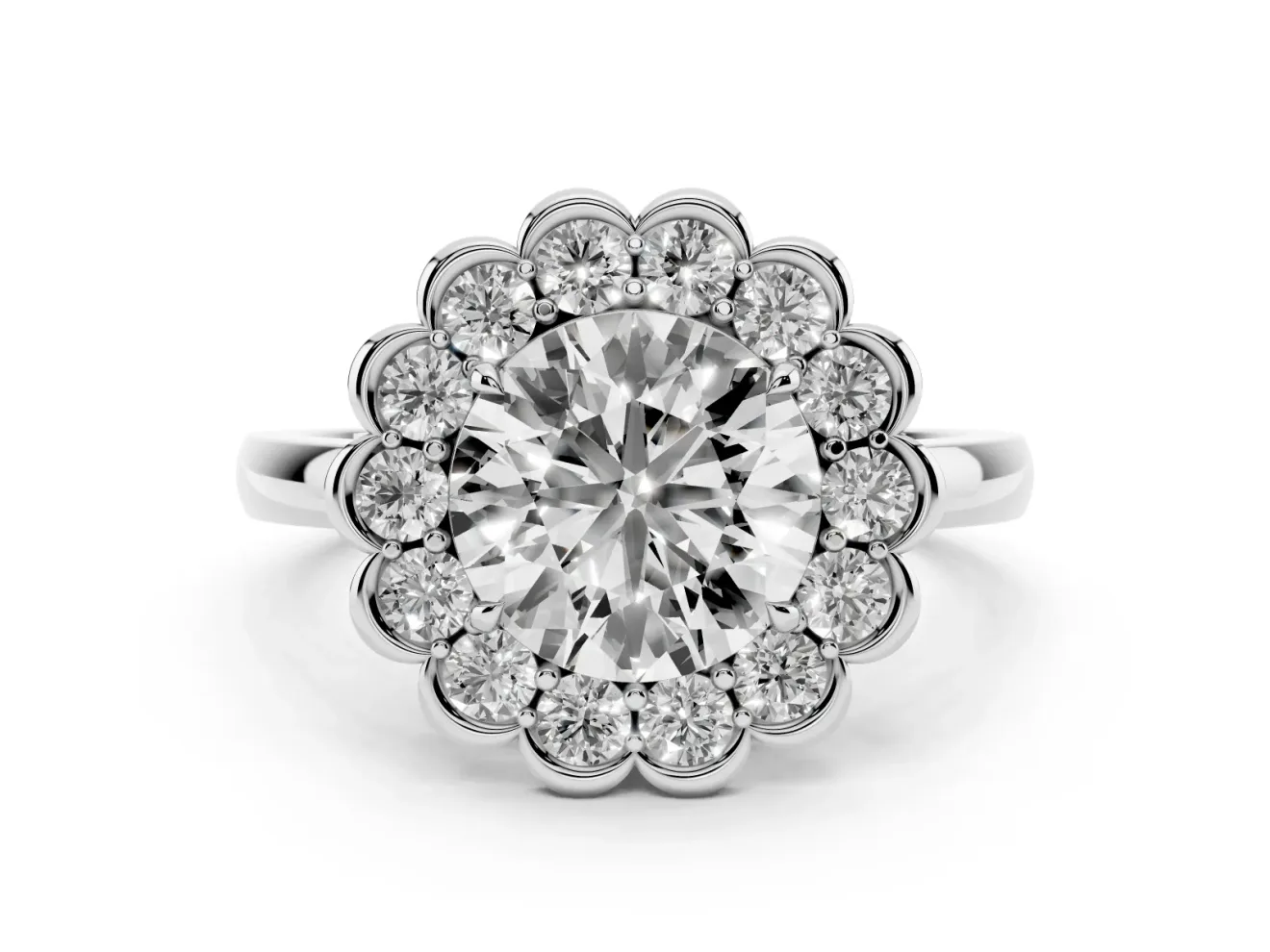Round Scalloped Cluster Halo Engagement Ring Setting | Plain Band | Platinum
