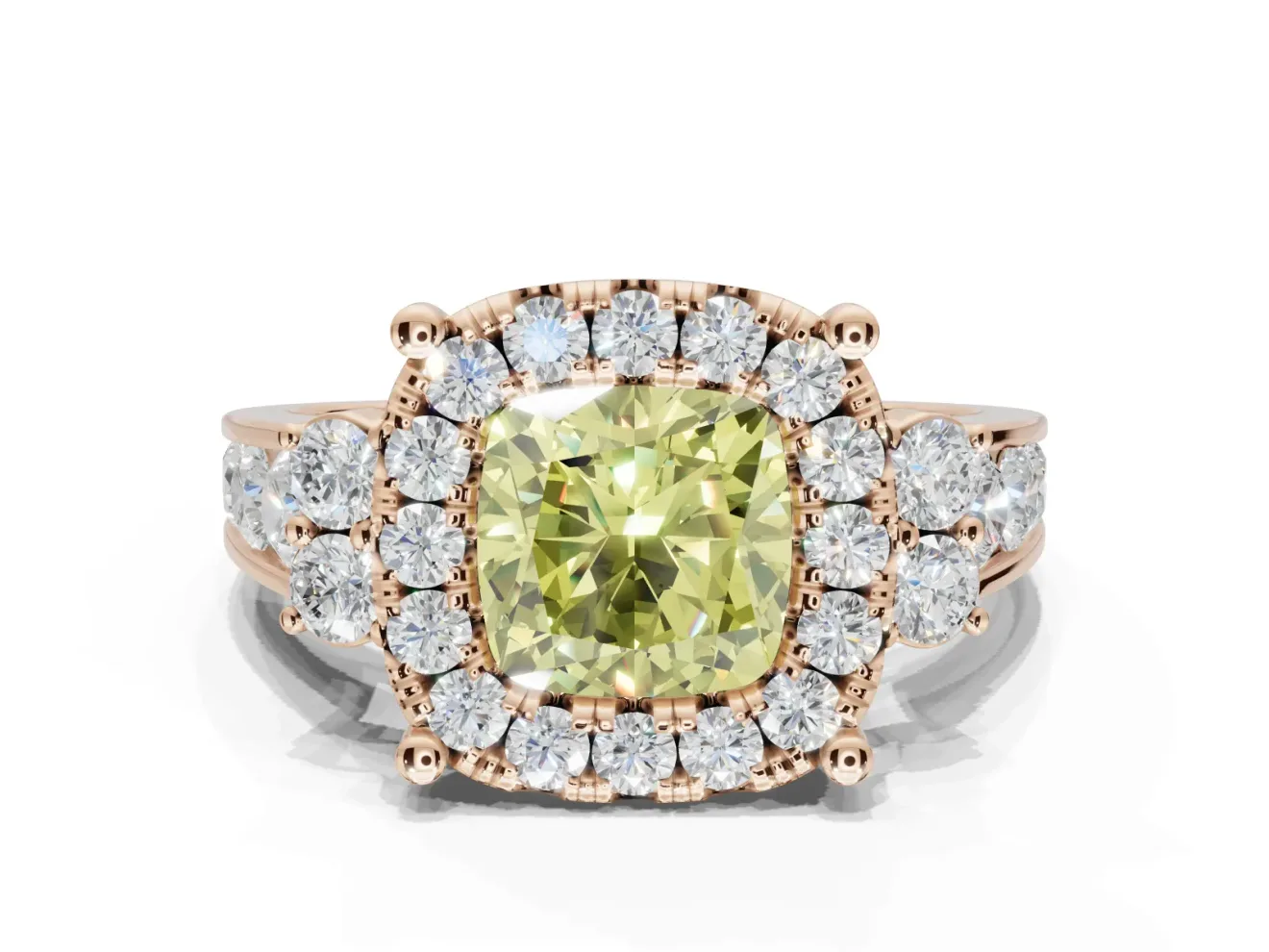 Cushion Cut Halo Engagement Ring Setting for a Fancy Yellow Lab-Grown Diamond | Graduated Channel Band | Rose Gold